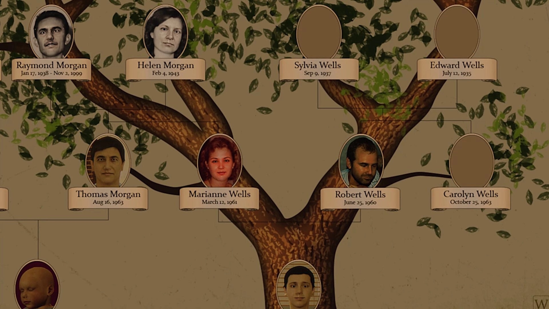 Shutter Story: Family tree UI with portraits and names of Morgan and Wells relatives on branches.
