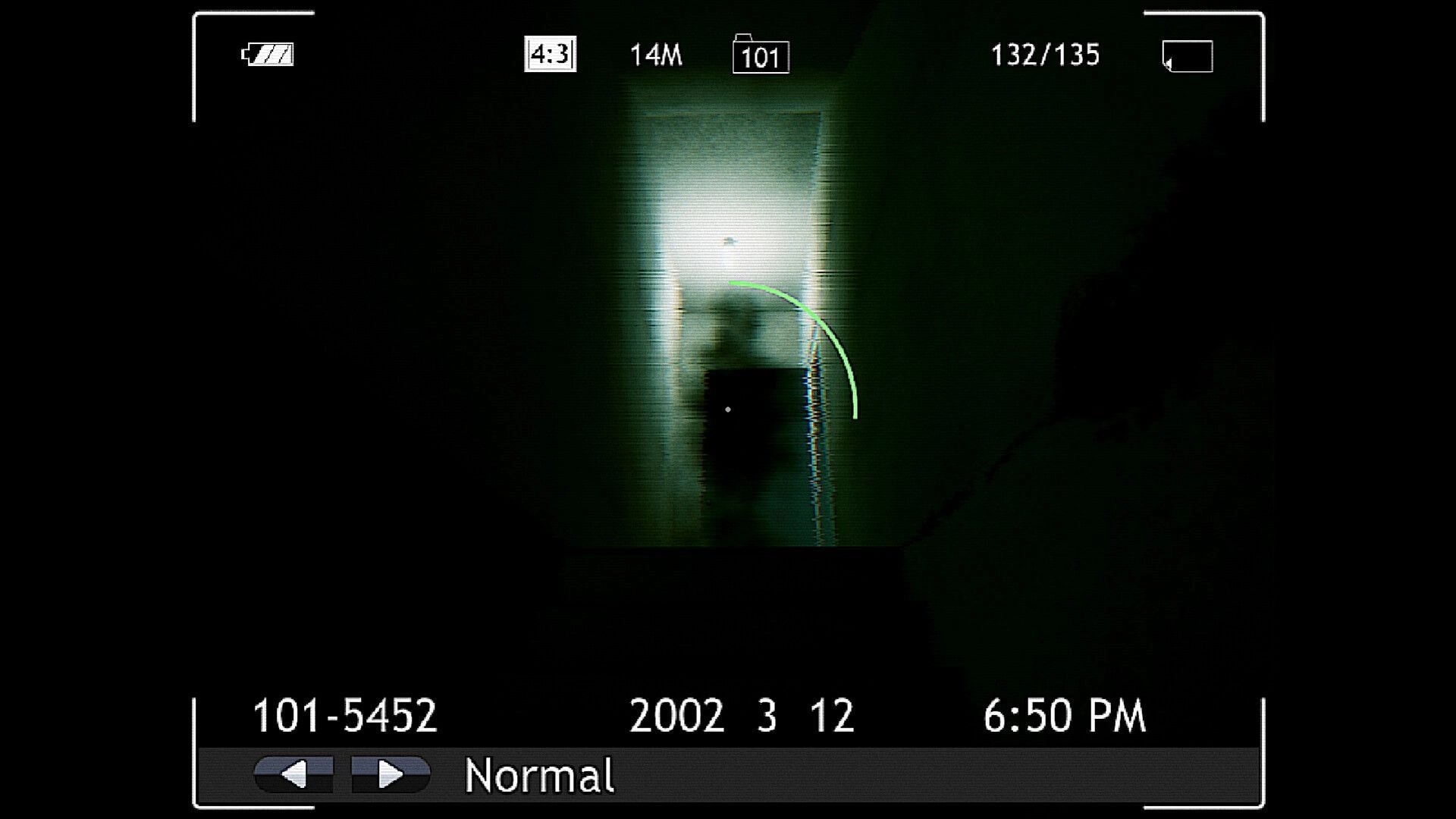 Shutter Story: Camera viewfinder frames a shadowy figure in a doorway in a dark hallway at night.