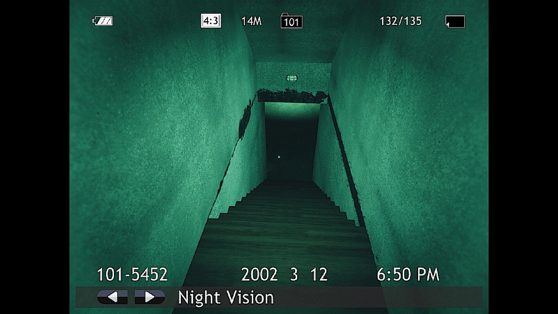 Shutter Story: Night vision camera view down a basement stairwell with HUD date and time overlay.
