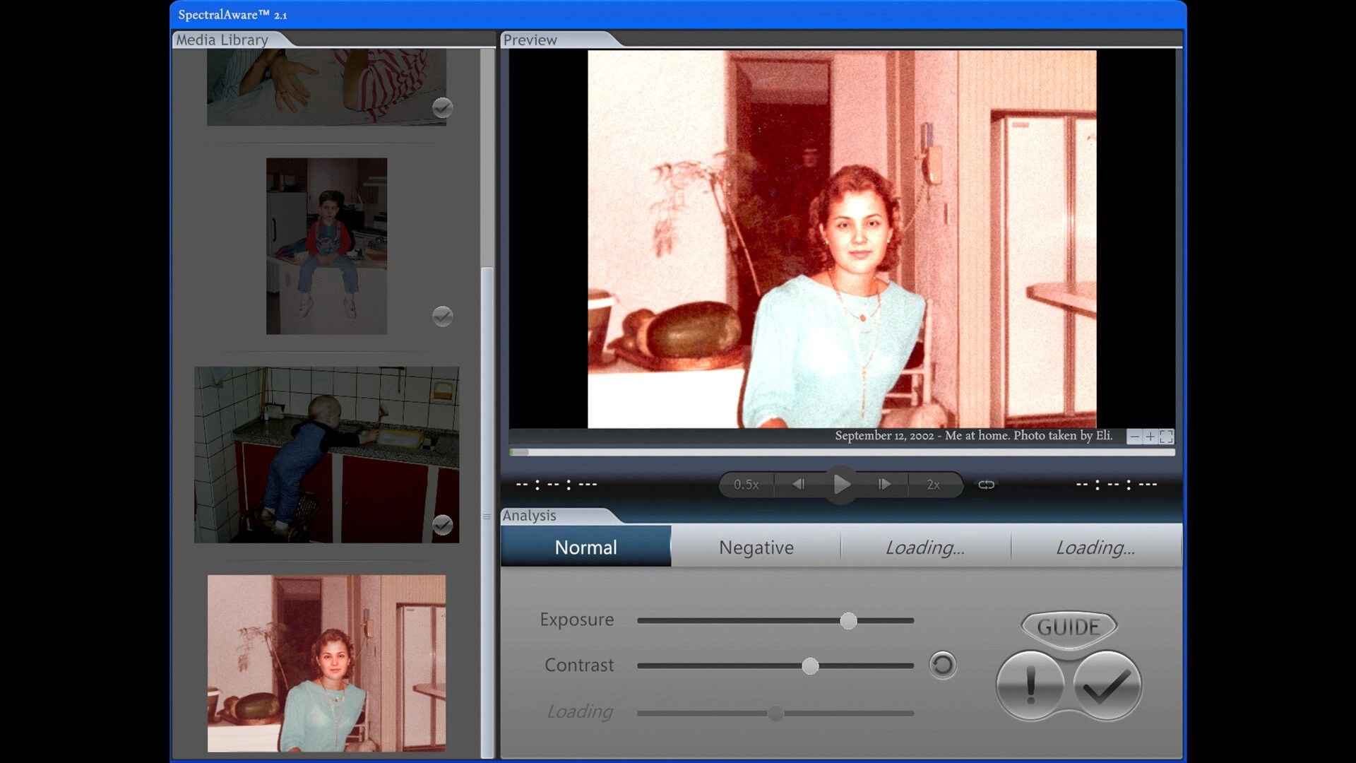 Shutter Story: Photo analysis interface previewing a woman in a kitchen, with exposure sliders and media library.