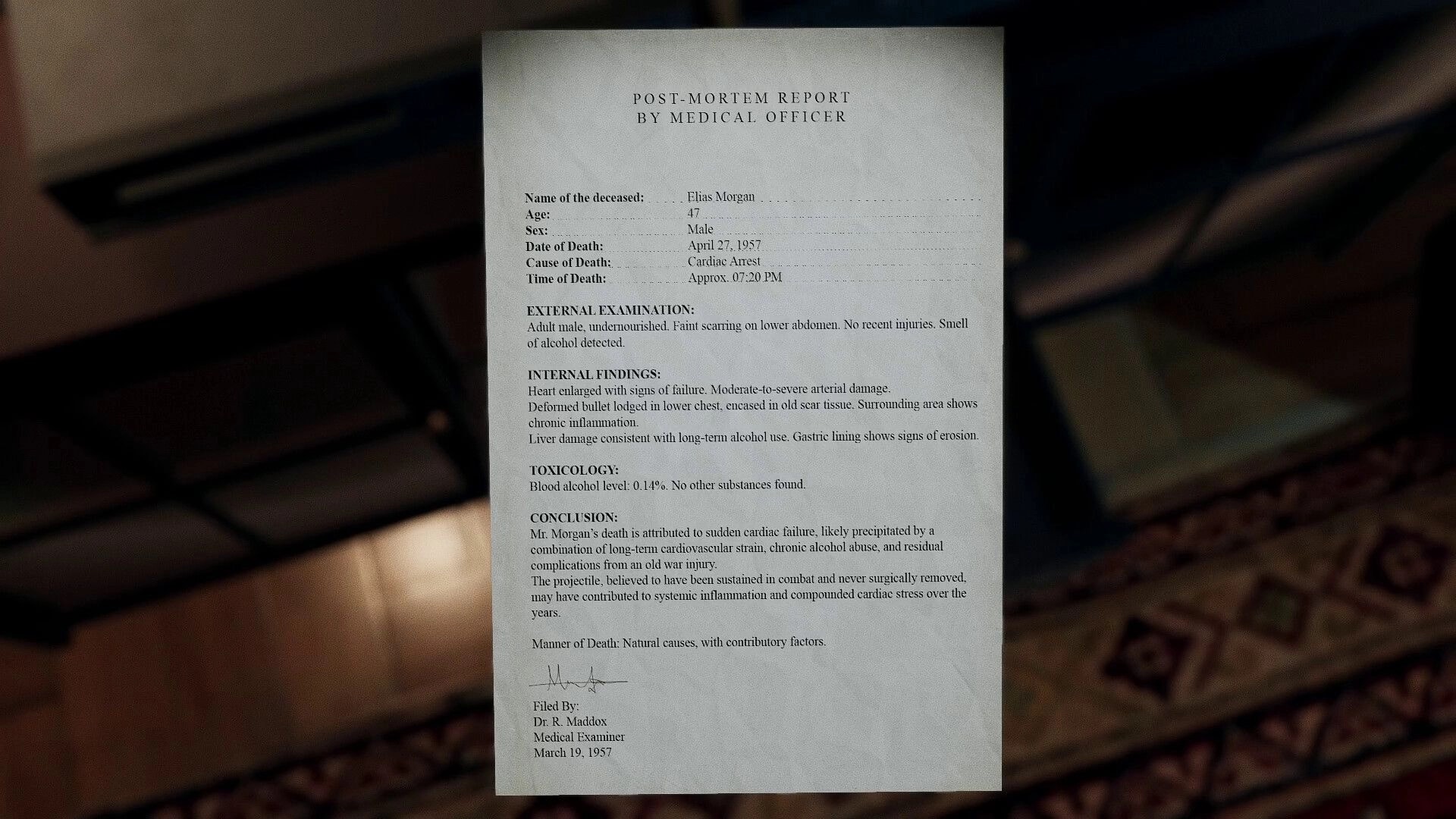 Shutter Story: Post-mortem report document held up in first-person view over a dim room floor.