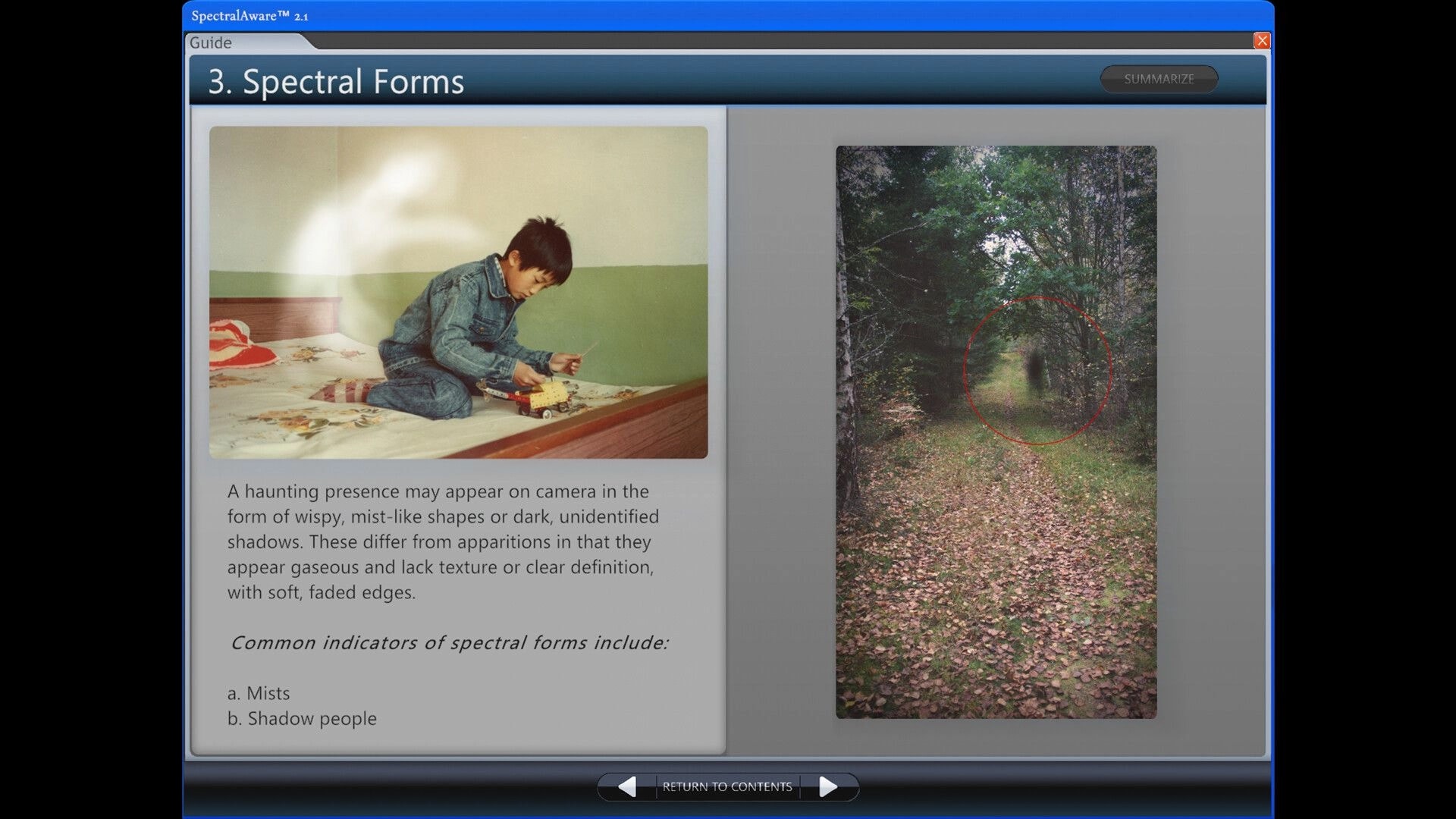 Shutter Story: Spectral Forms guide page with photo of boy on bed and circled shadow on forest path.