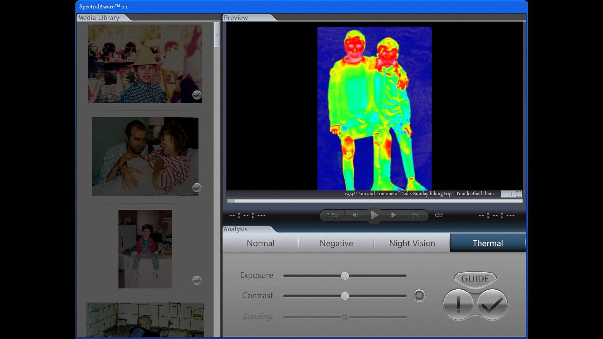 Shutter Story: Thermal photo analysis UI previewing two figures in heatmap with media library sidebar.
