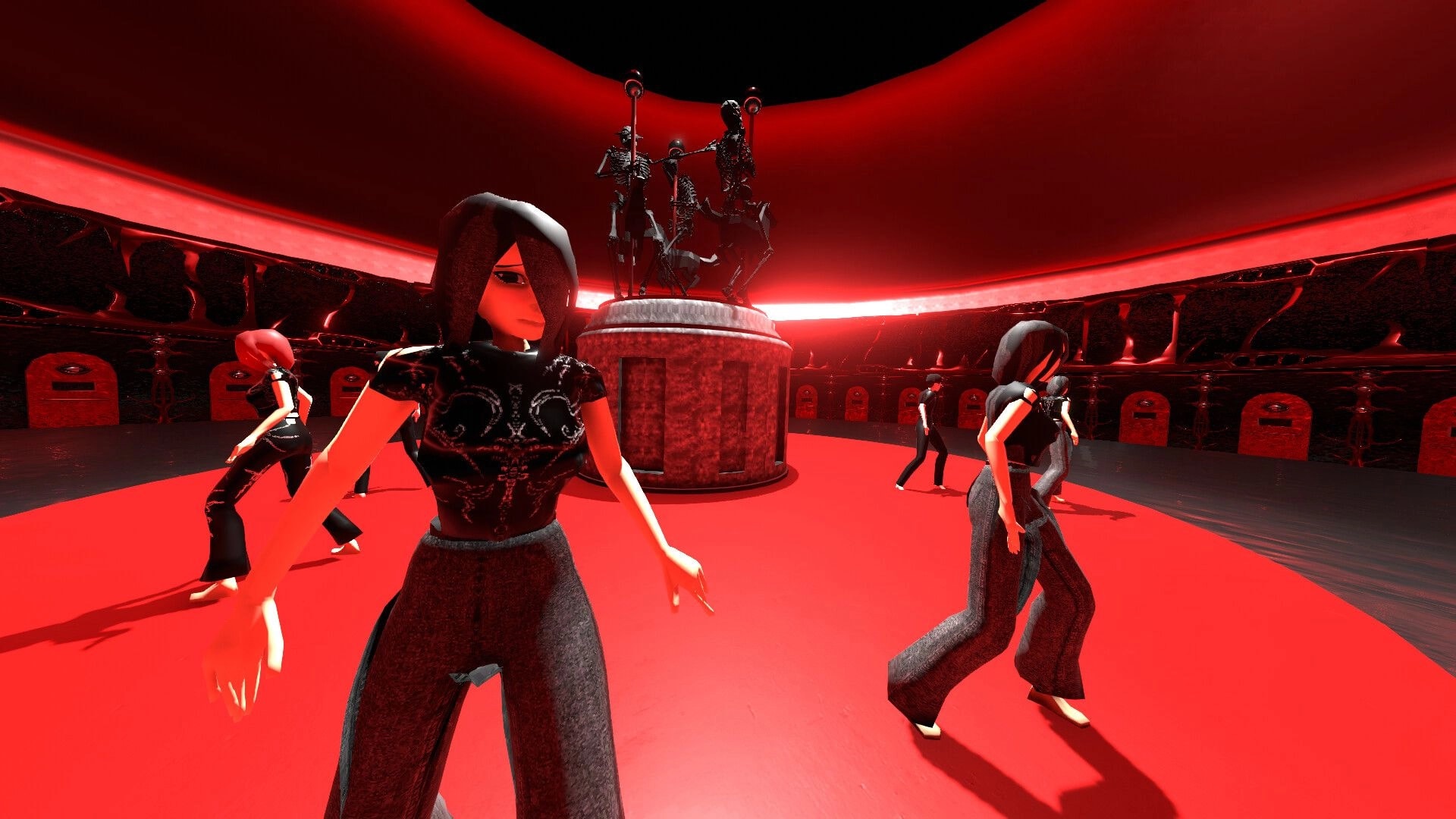 Skill Issue: Players in black outfits dance in a red arena around a pedestal with skeleton statues.