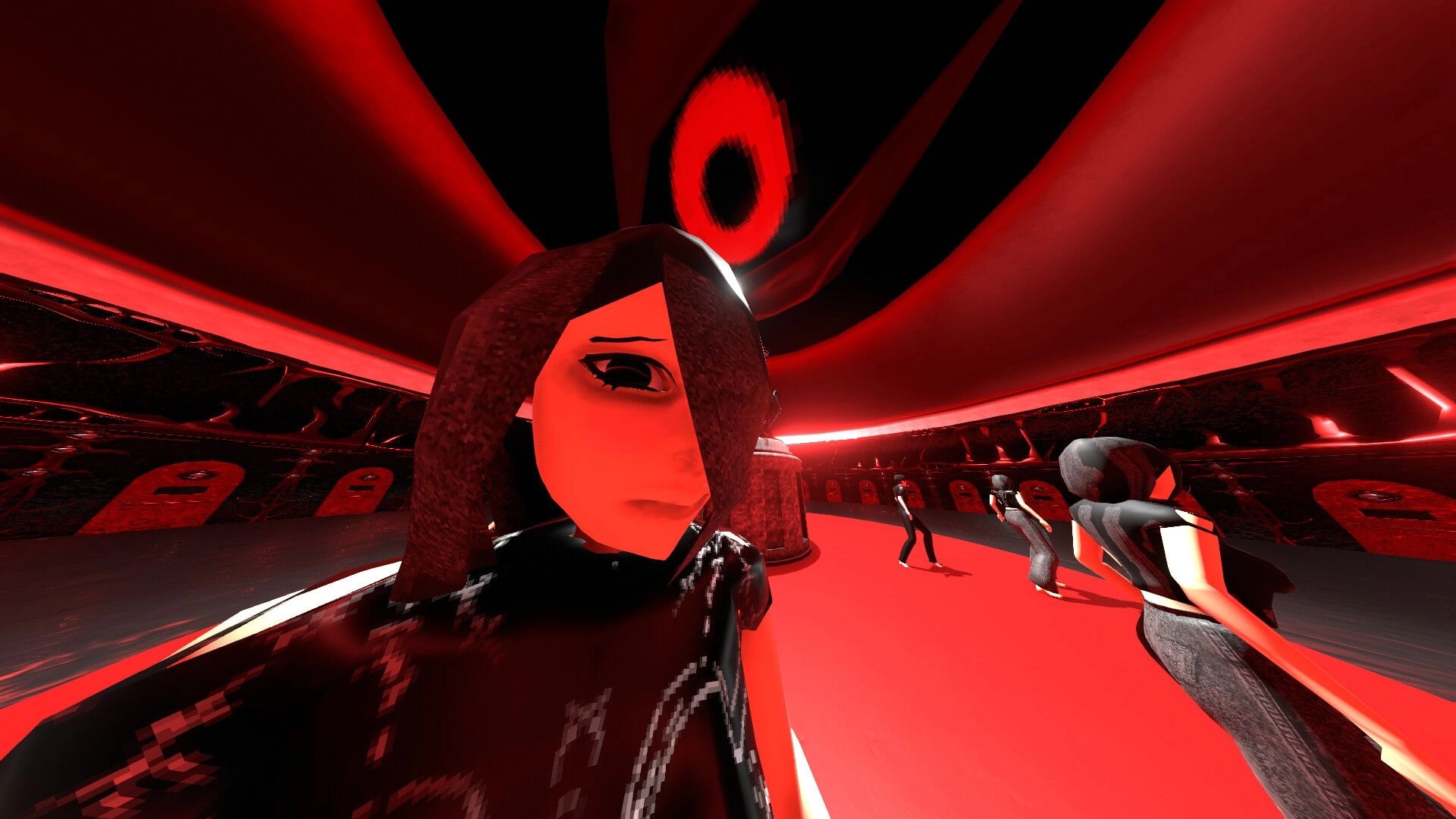 Skill Issue: Close-up of a player avatar in a red-lit arena with other avatars crouching nearby.