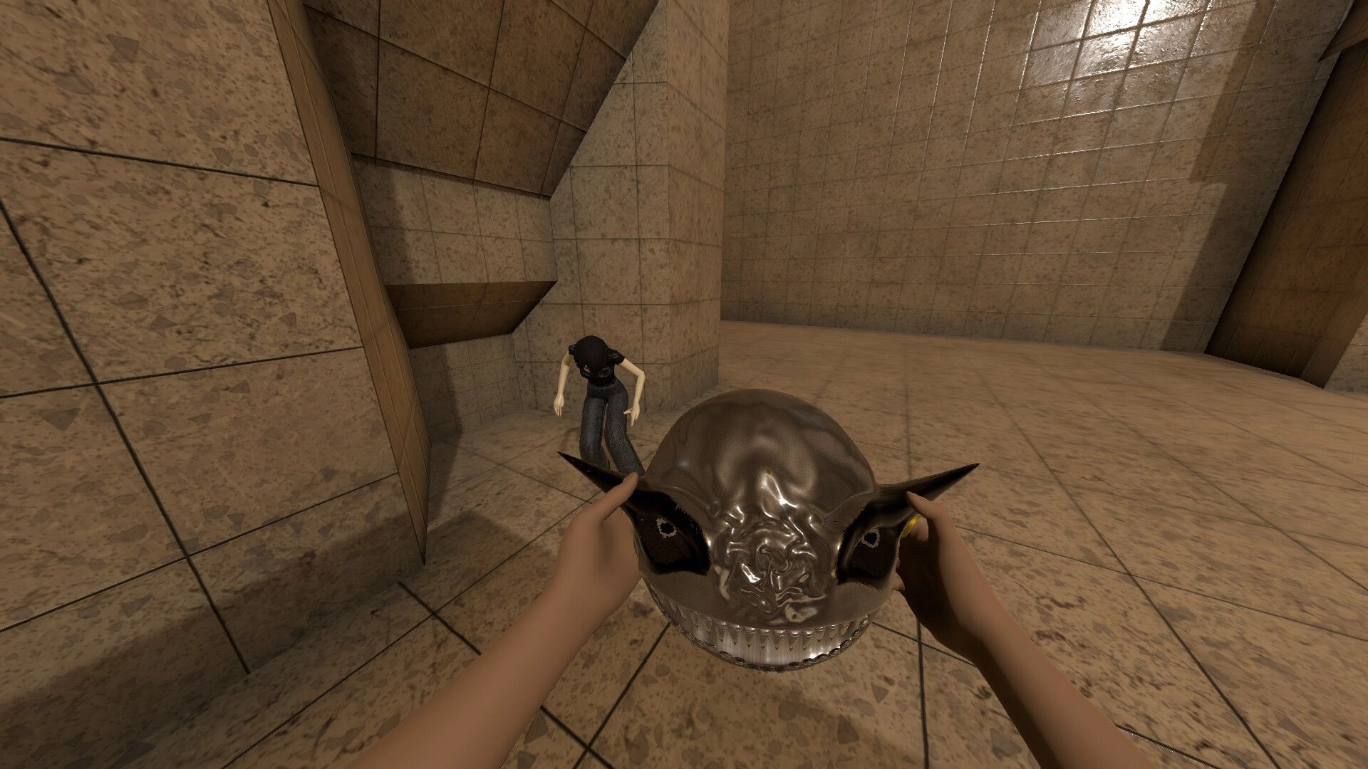 Skill Issue: First-person player holds a spiky mask facing a crouched rival in tiled arena.