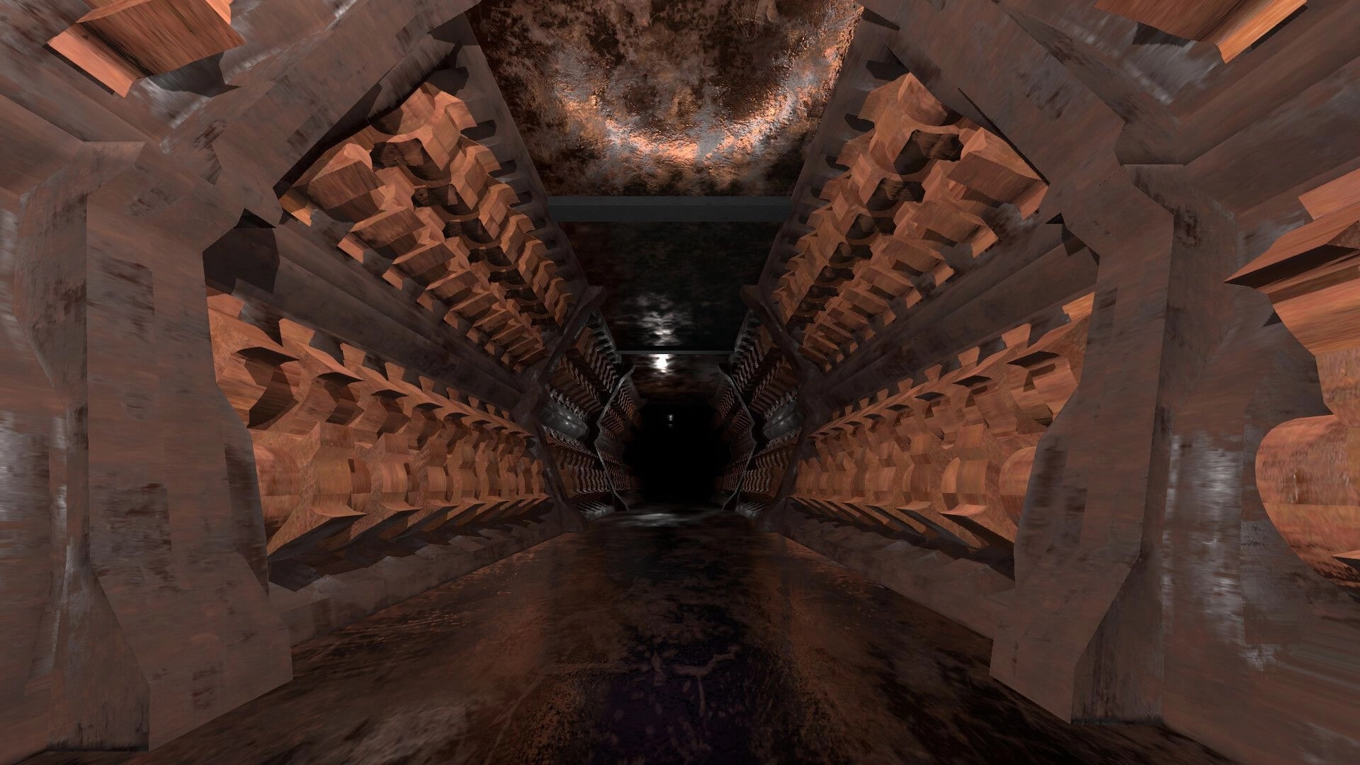 Skill Issue: First-person sprint through a rusty tunnel lined with spinning gear-like traps and spikes.