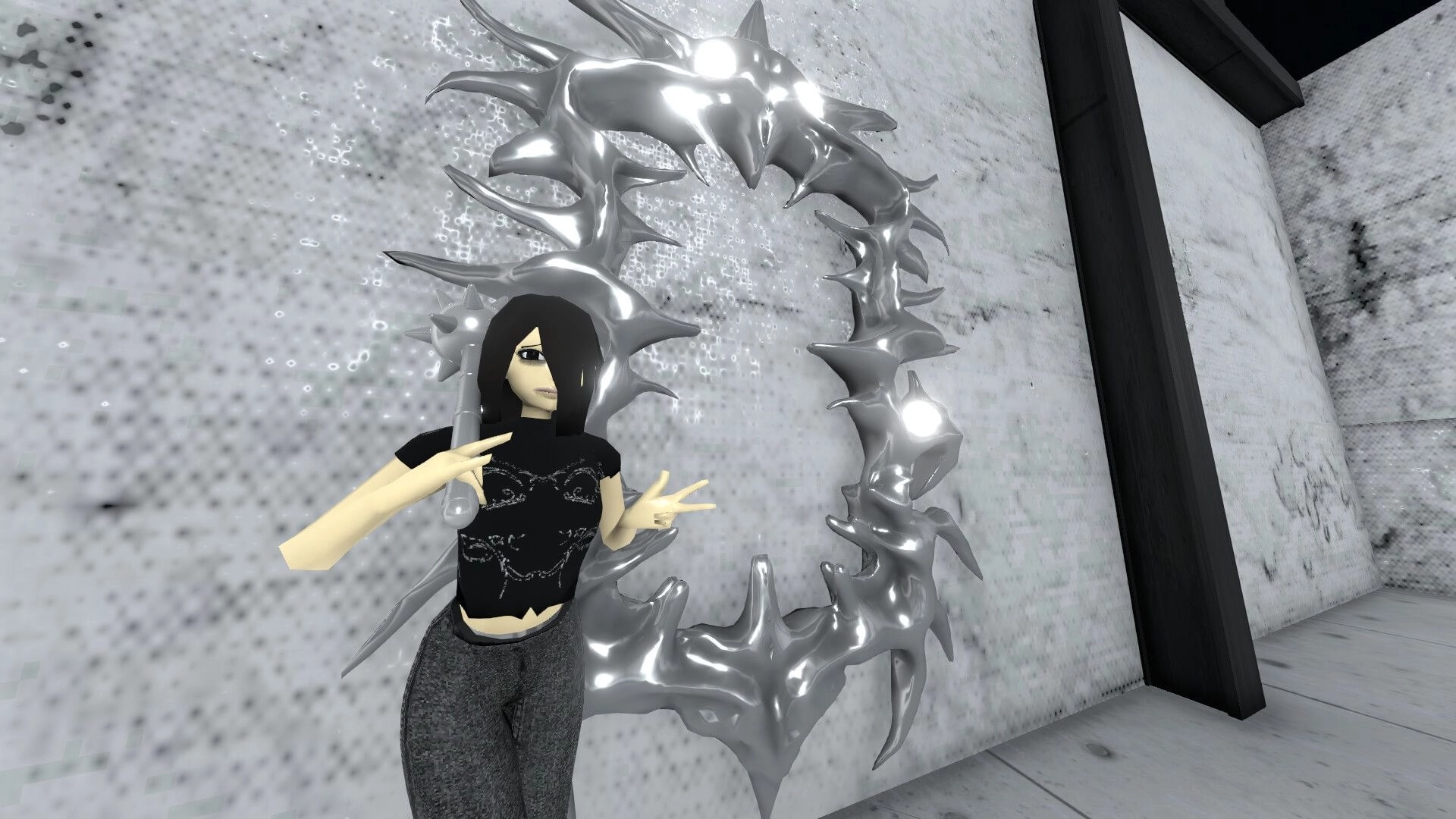 Skill Issue: Avatar poses by a glowing spiked ring portal in a gray concrete hallway arena.
