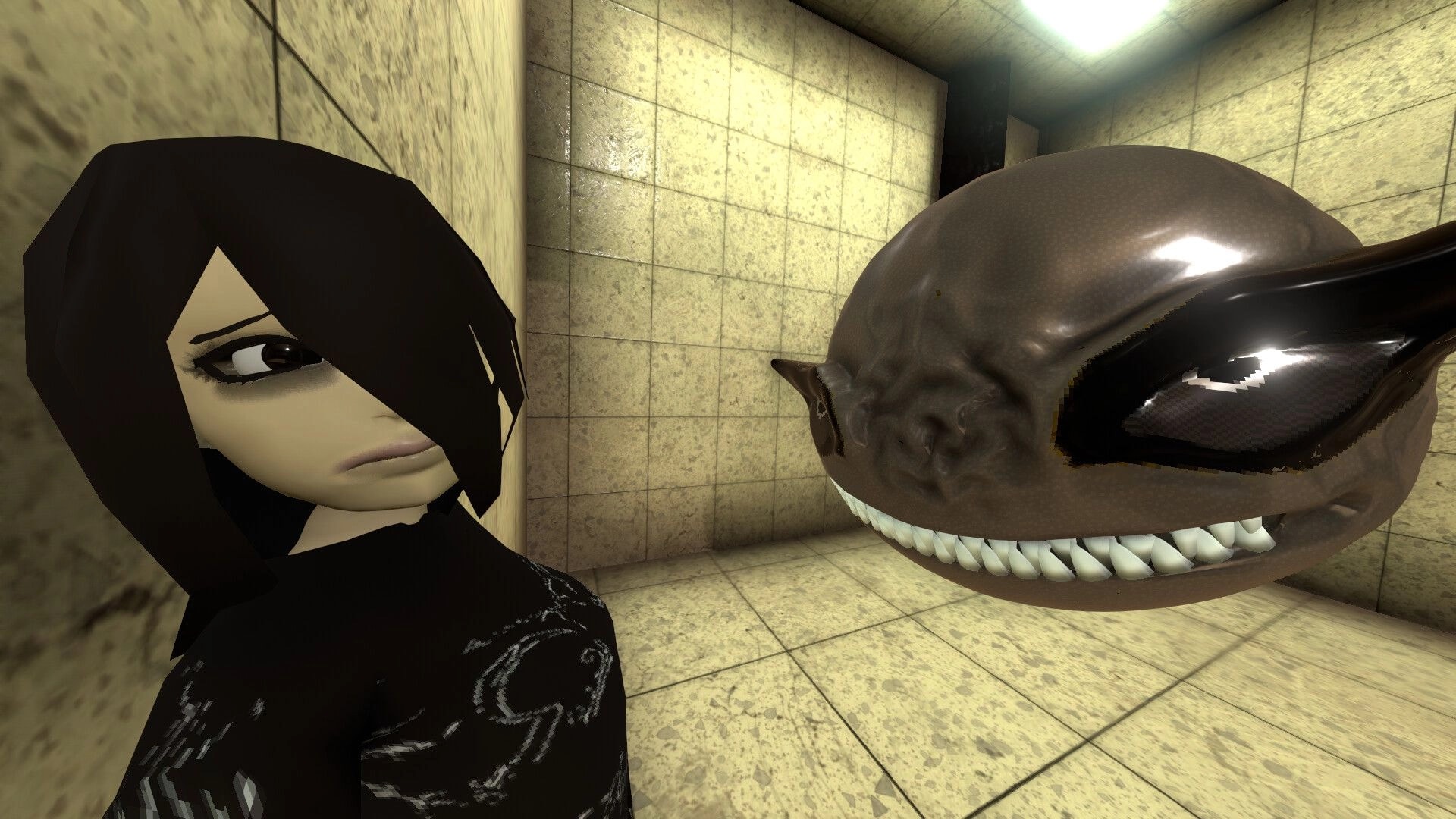 Skill Issue: Close-up of a black-haired avatar beside a huge grinning whale head in tiled room.