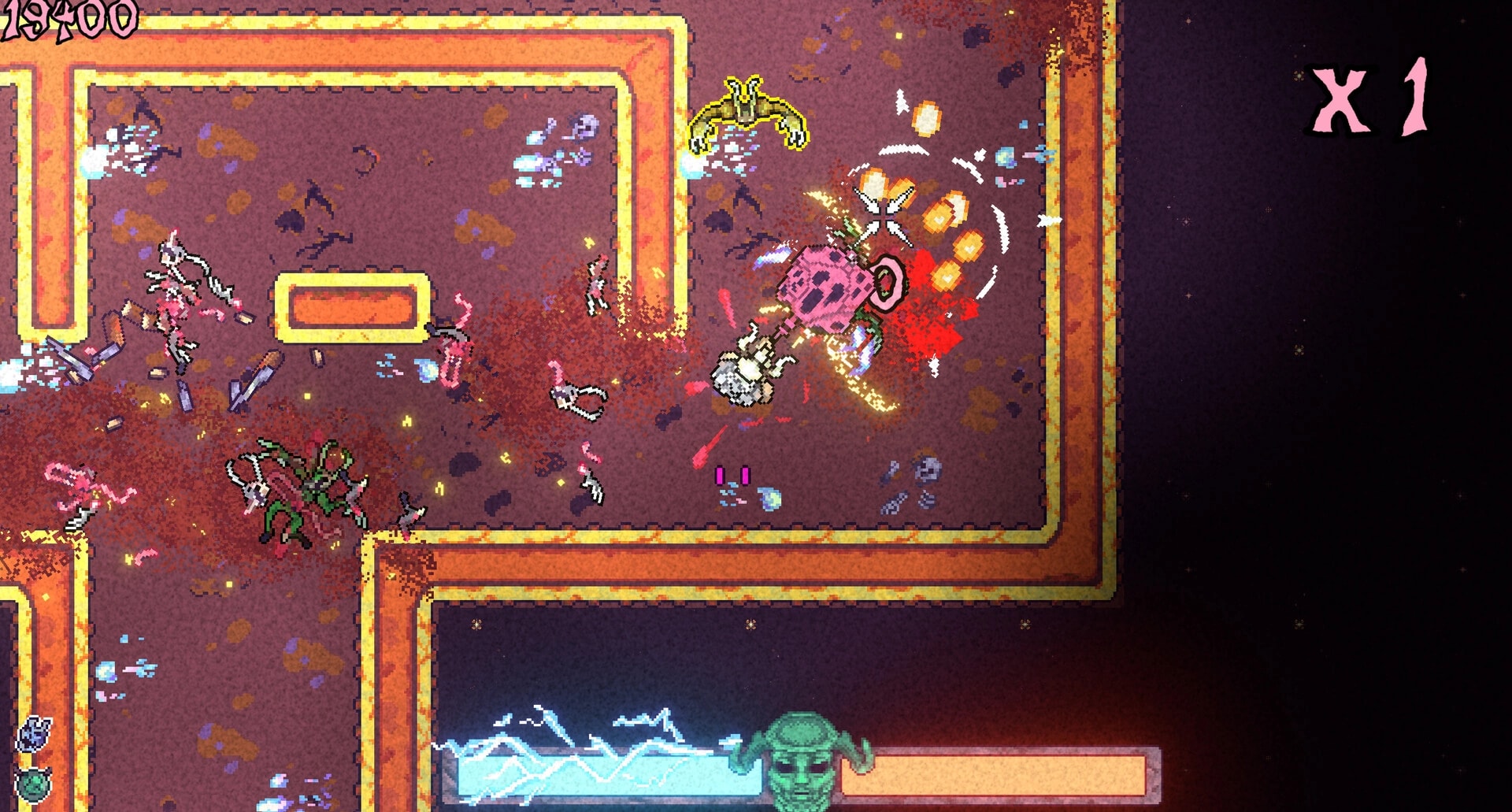 Slaughter Void: Top-down melee brawl with gore and debris in tight corridor arena, score and x1 UI visible.