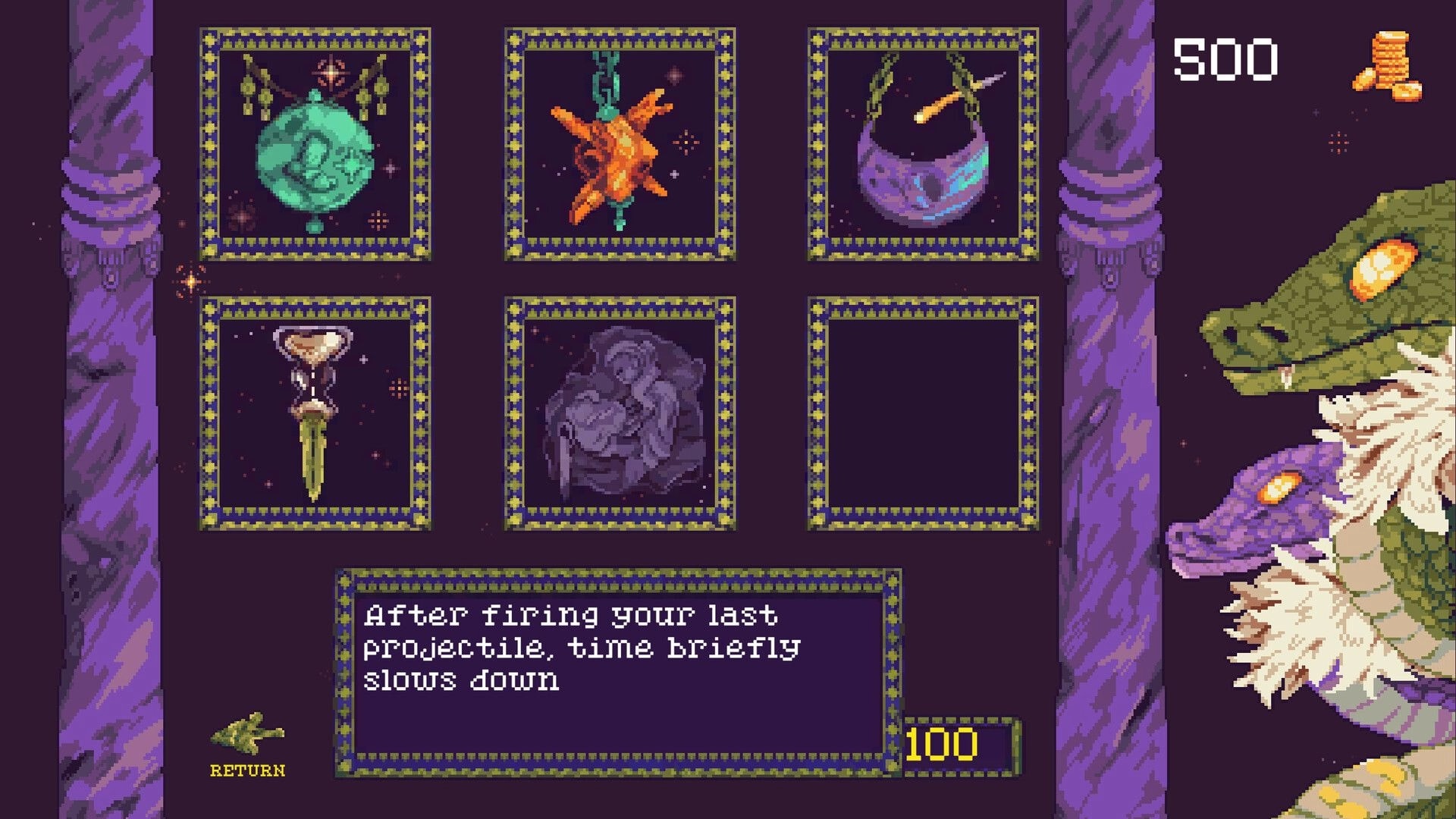 Slaughter Void: Upgrade selection menu with relic icons and tooltip text, 500 coins beside serpent art.