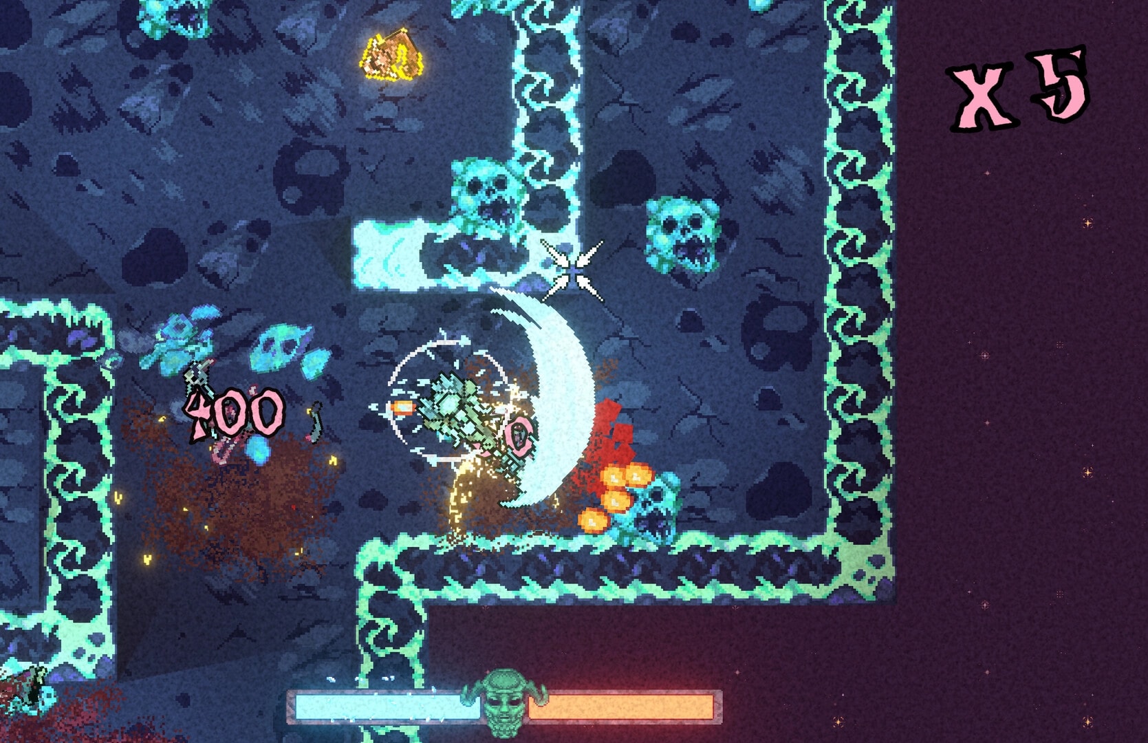 Slaughter Void: Player slashes enemies as damage numbers pop in a neon skull cavern, x5 multiplier UI.