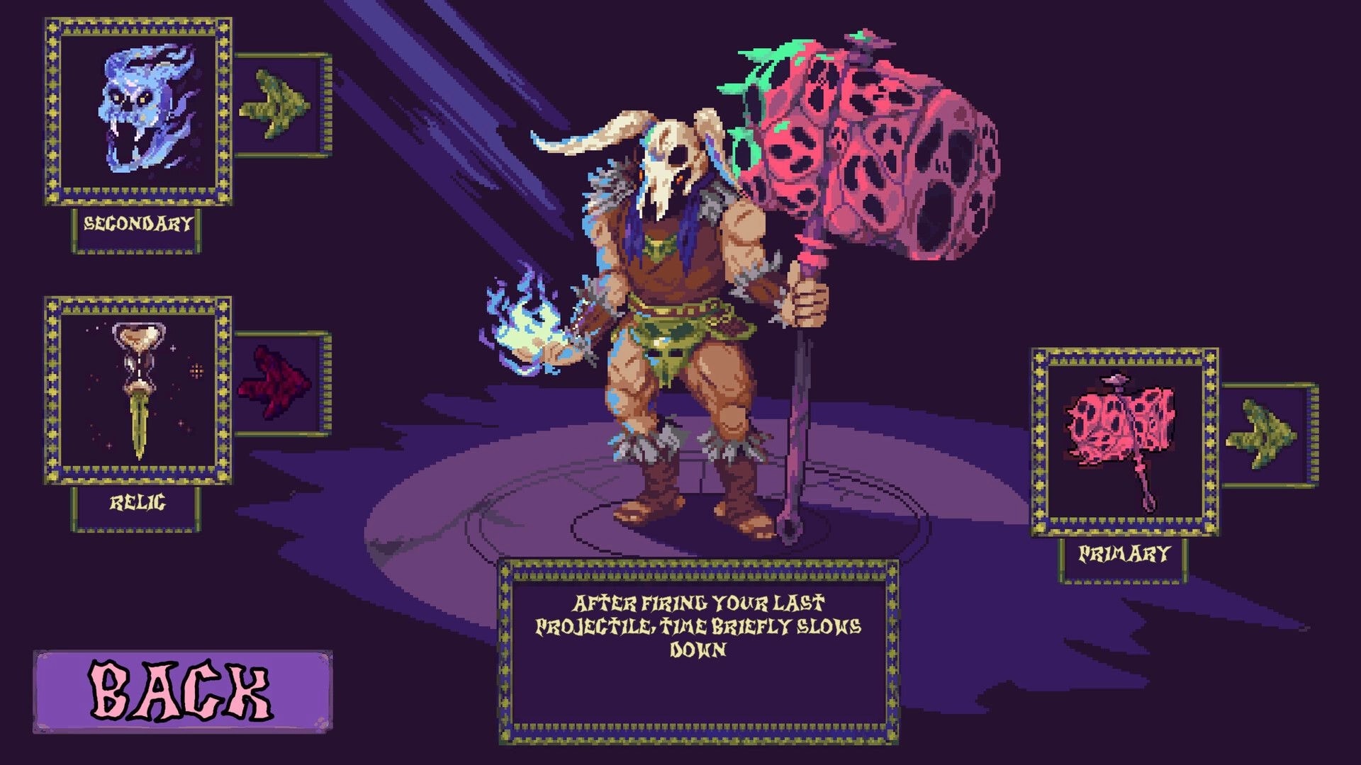 Slaughter Void: Loadout screen with horned warrior and slots for primary, secondary, and relic items.