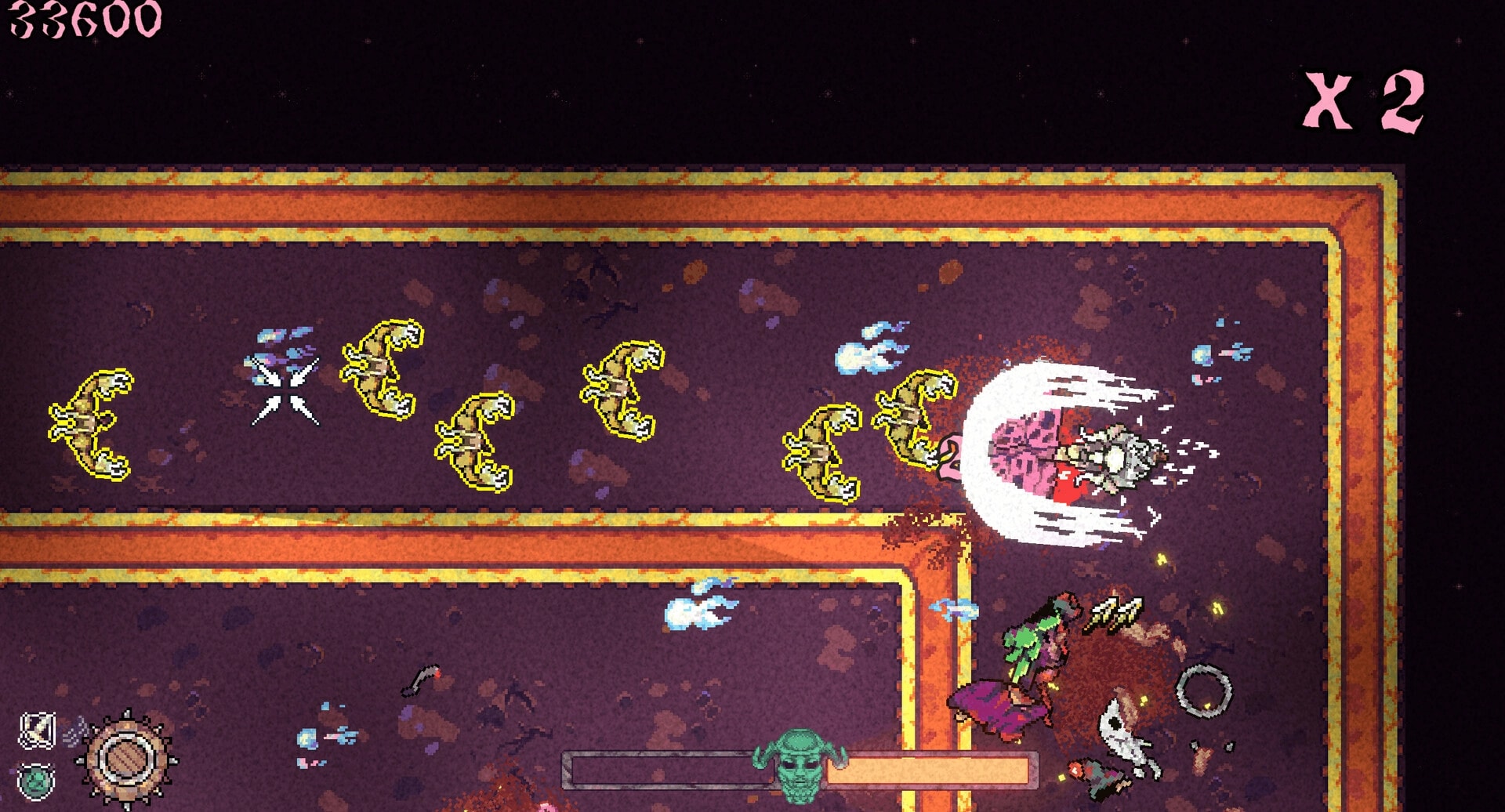 Slaughter Void: Top-down arena fight as melee hero slashes foes, score and x2 combo on HUD in void maze.