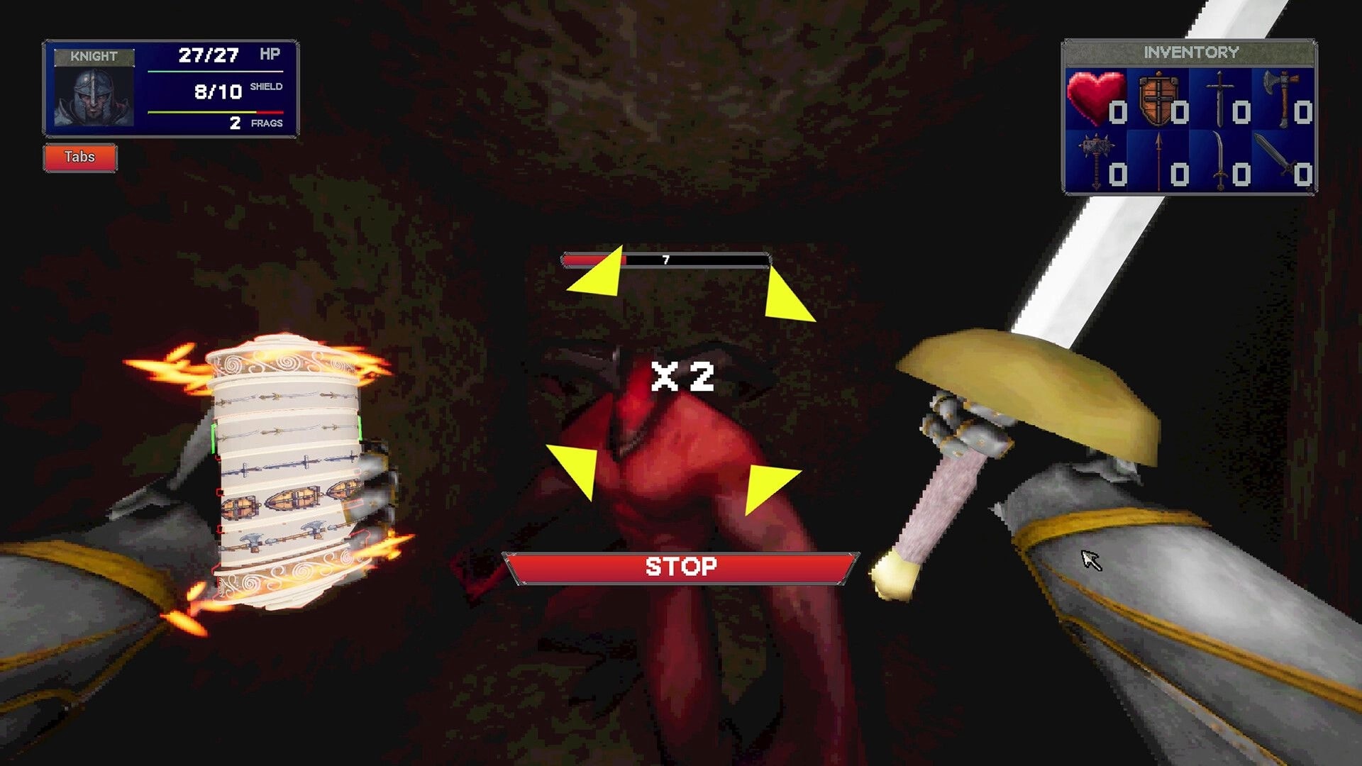 Slot or Die: First-person knight stops slot reels mid-fight with a red demon in dark corridor.