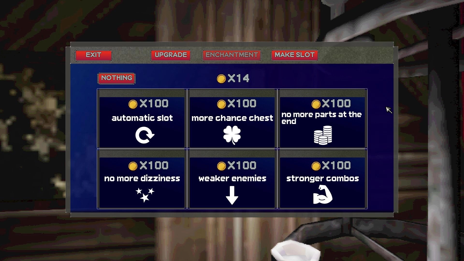 Slot or Die: Enchantment shop menu with six 100-coin upgrades and 14 coins in a castle room.