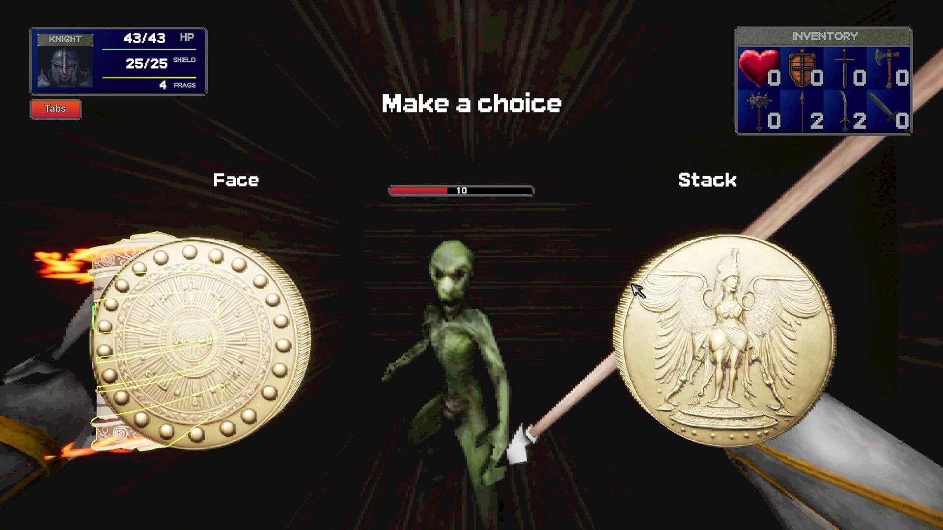 Slot or Die: Choice prompt to Face or Stack coins in combat, knight HUD and inventory over dark hall.
