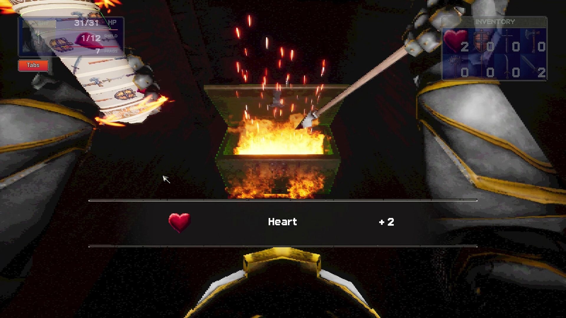Slot or Die: Knight smithing at a blazing forge, Heart +2 reward banner and inventory UI visible.