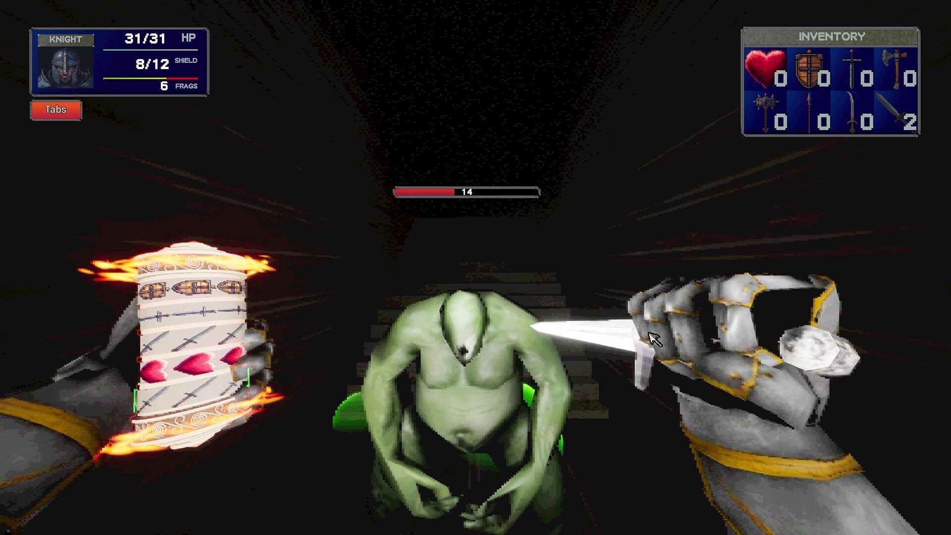 Slot or Die: First-person combat with green monster beside spinning slot relic in dark stairwell UI.