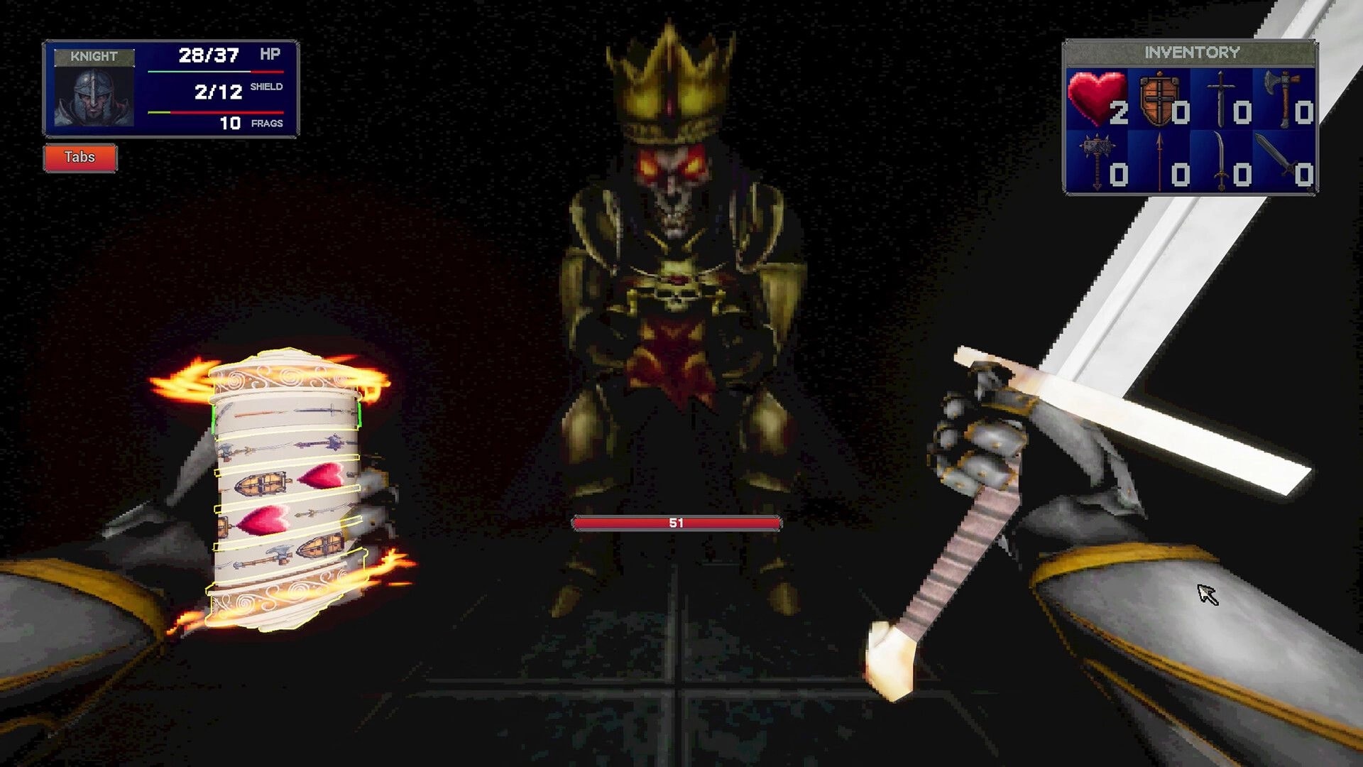 Slot or Die: First-person knight fights crowned skeleton boss with slot reels and inventory UI in dark room.