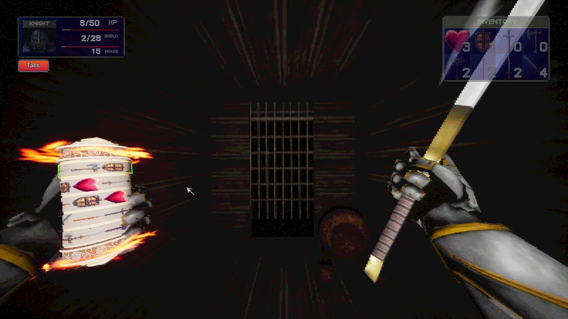 Slot or Die: Knight spins a flaming slot reel while holding sword in a dark dungeon corridor UI visible.