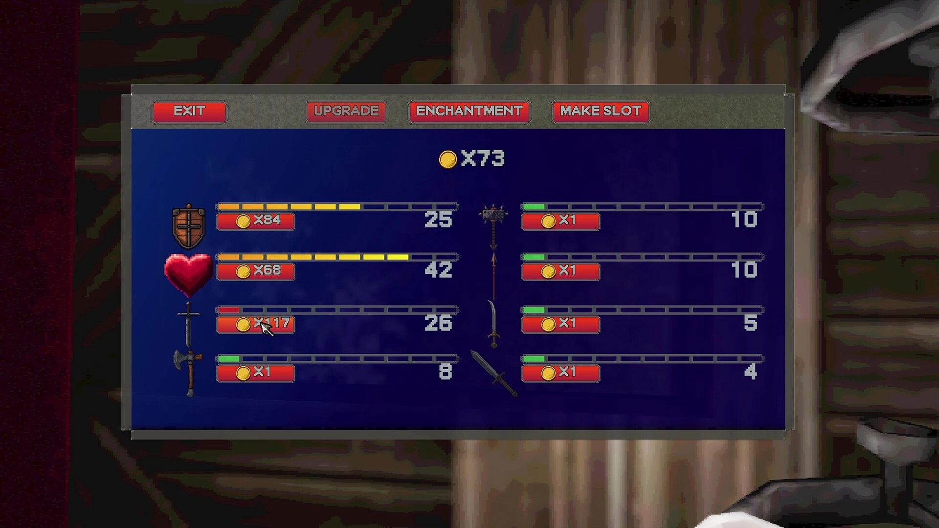 Slot or Die: Upgrade menu with stat bars and gear icons, coin costs, in a dark castle backdrop.