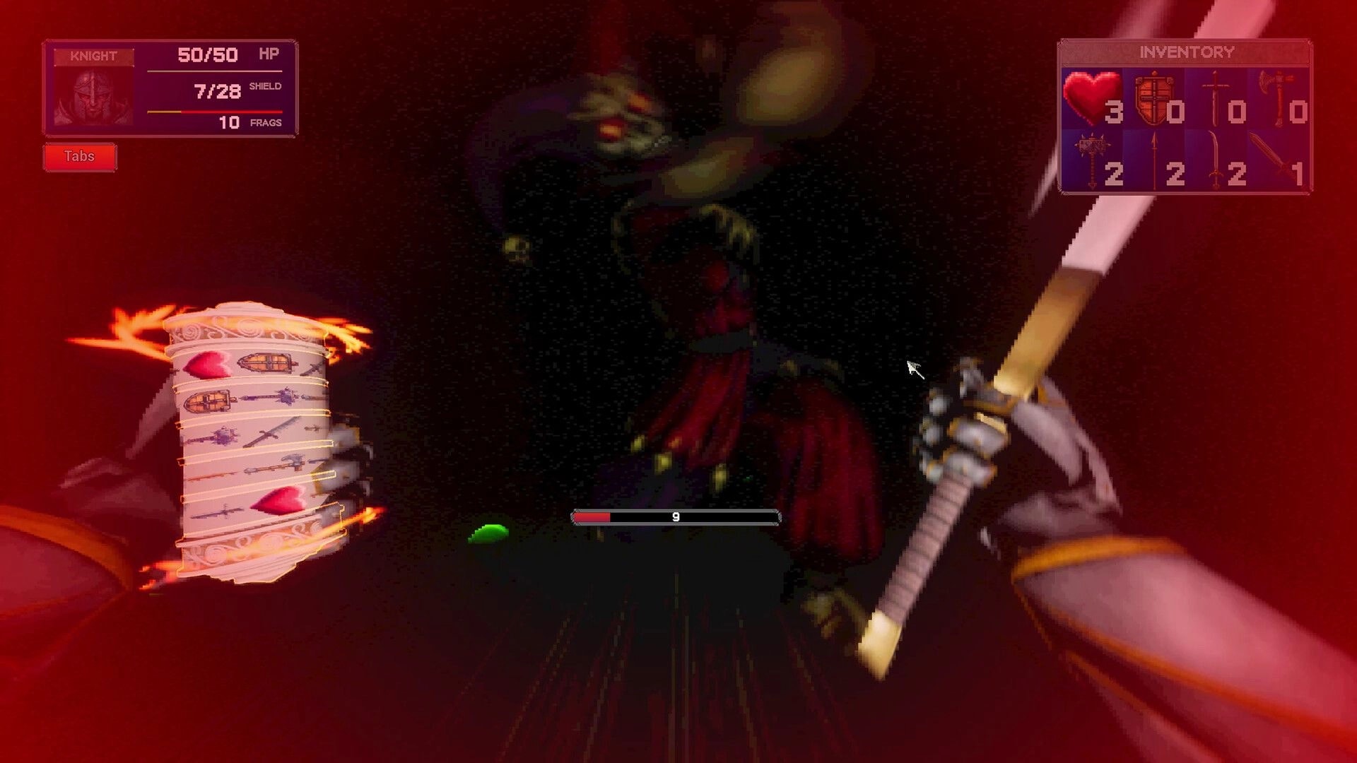 Slot or Die: First-person knight fights a shadowy foe as slot reels spin, inventory UI in red haze.