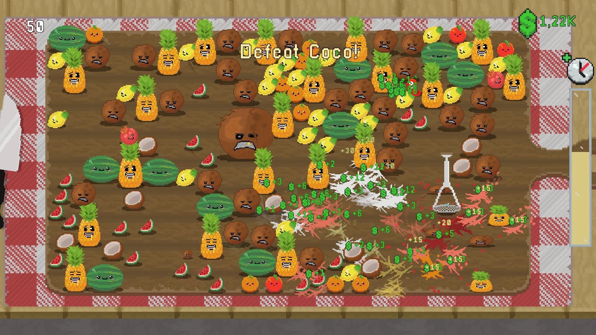 Snack Smasher: Defeat Coco! fruit swarm on wooden board, cash popups, timer and 1.22K leaf counter UI.