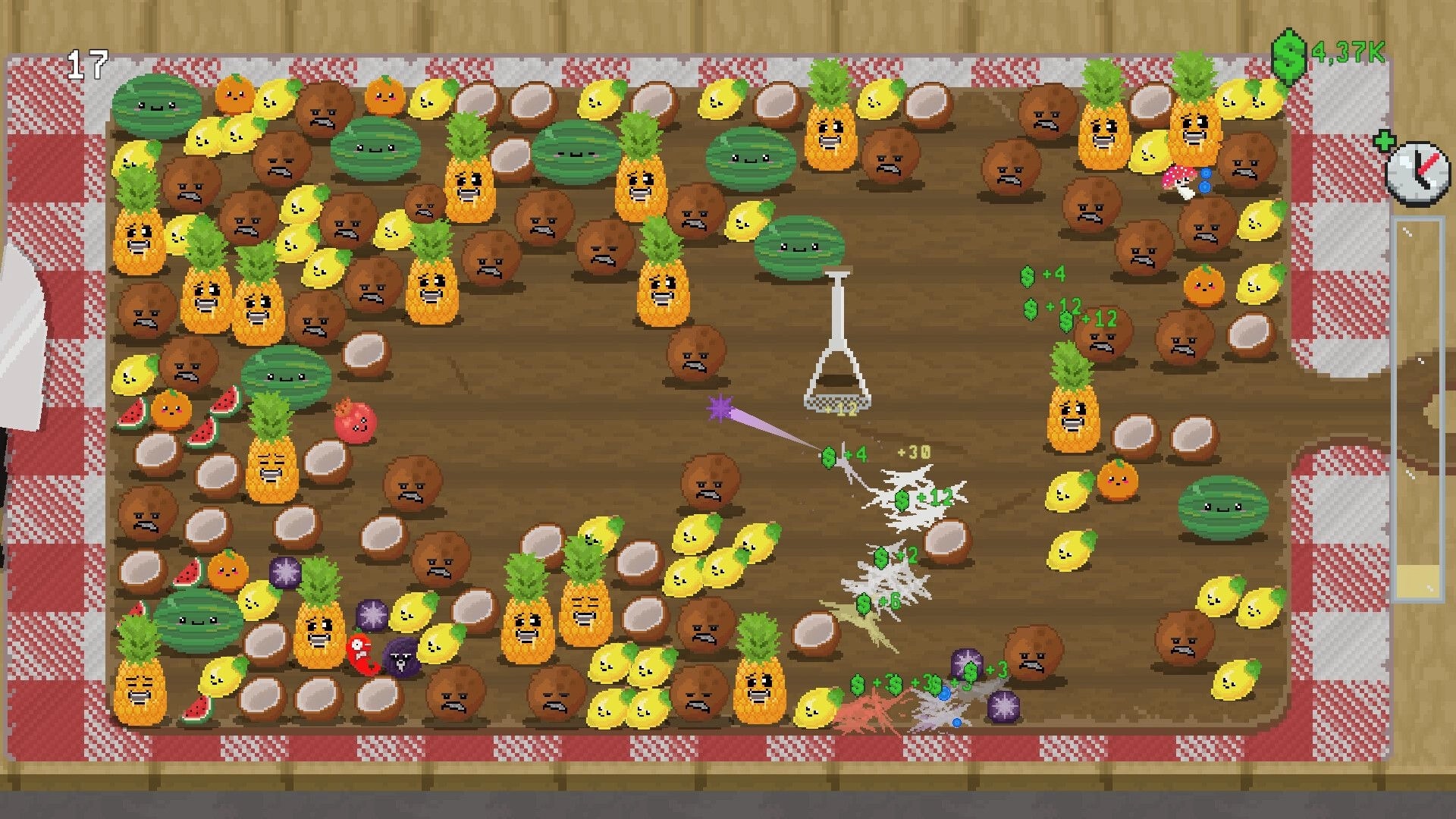Snack Smasher: Rake smashes fruits on wooden board with coin popups, level 17 and cash UI on right.