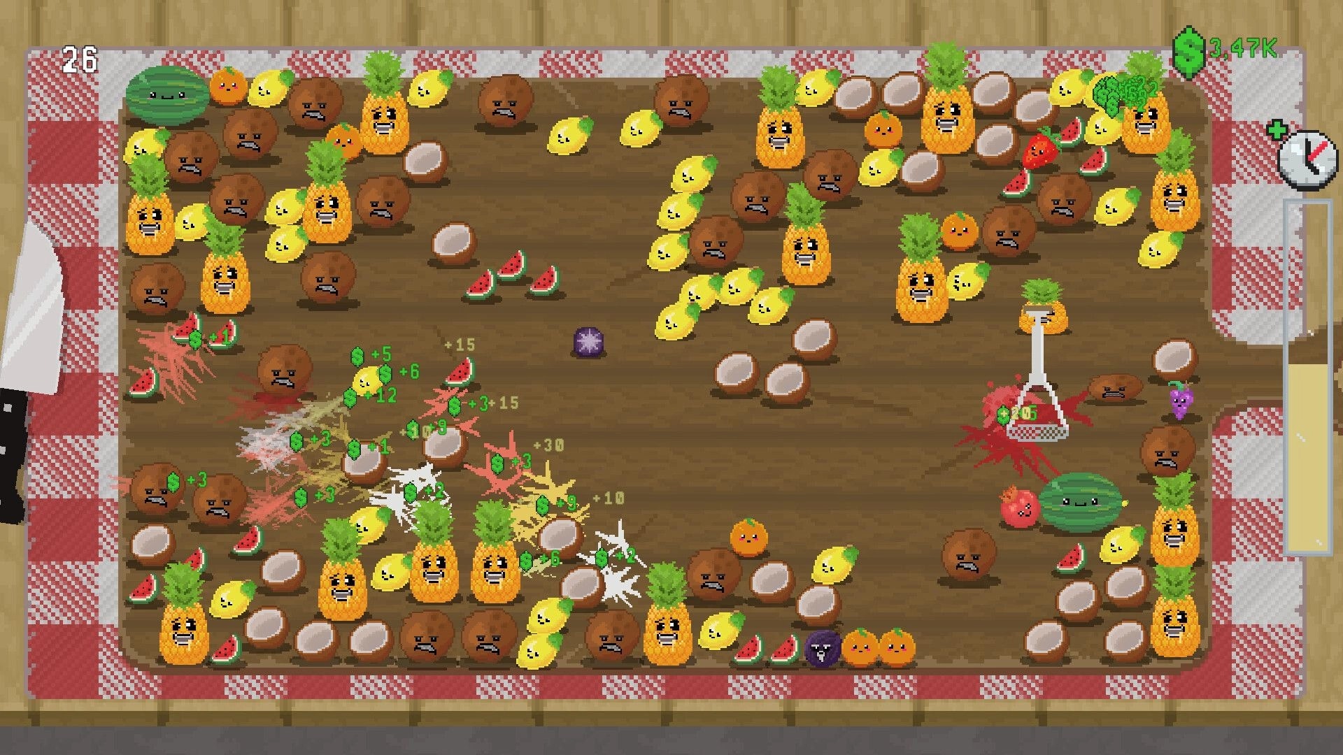 Snack Smasher: Fruit smashing field with angry coconuts and pineapples, cash popups, timer UI.