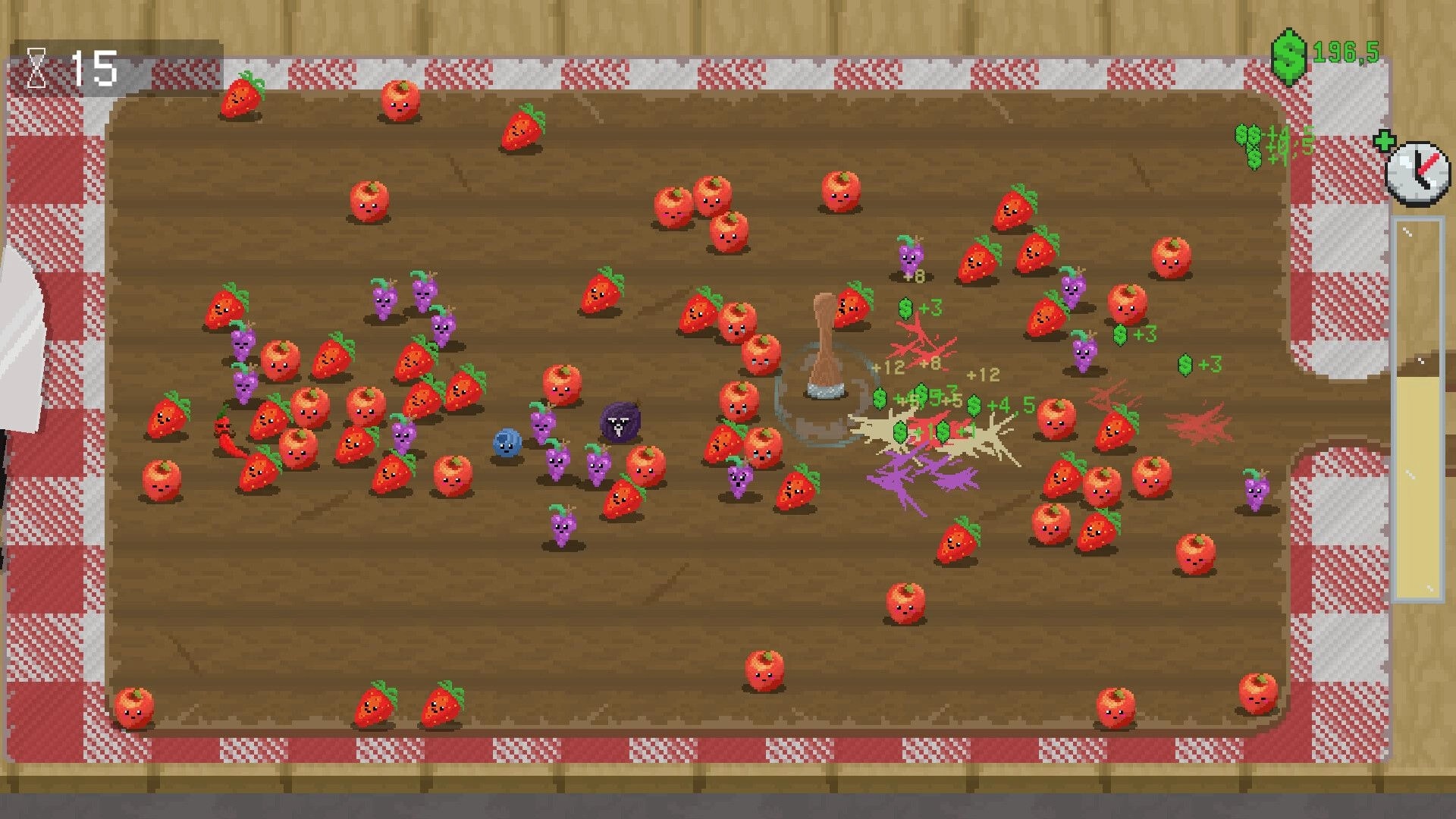 Snack Smasher: Wooden mallet smashing fruit mobs on a table, cash popups and timer UI visible.