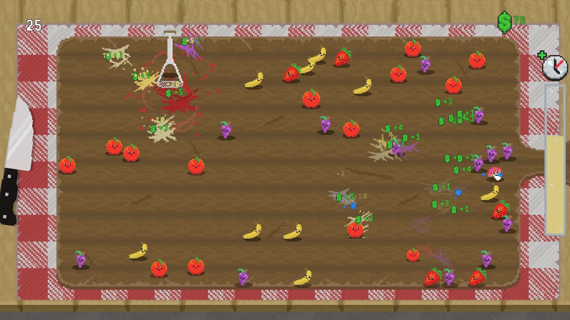 Snack Smasher: Fruit smashing on a wooden board with cash popups, timer and level UI on sides.