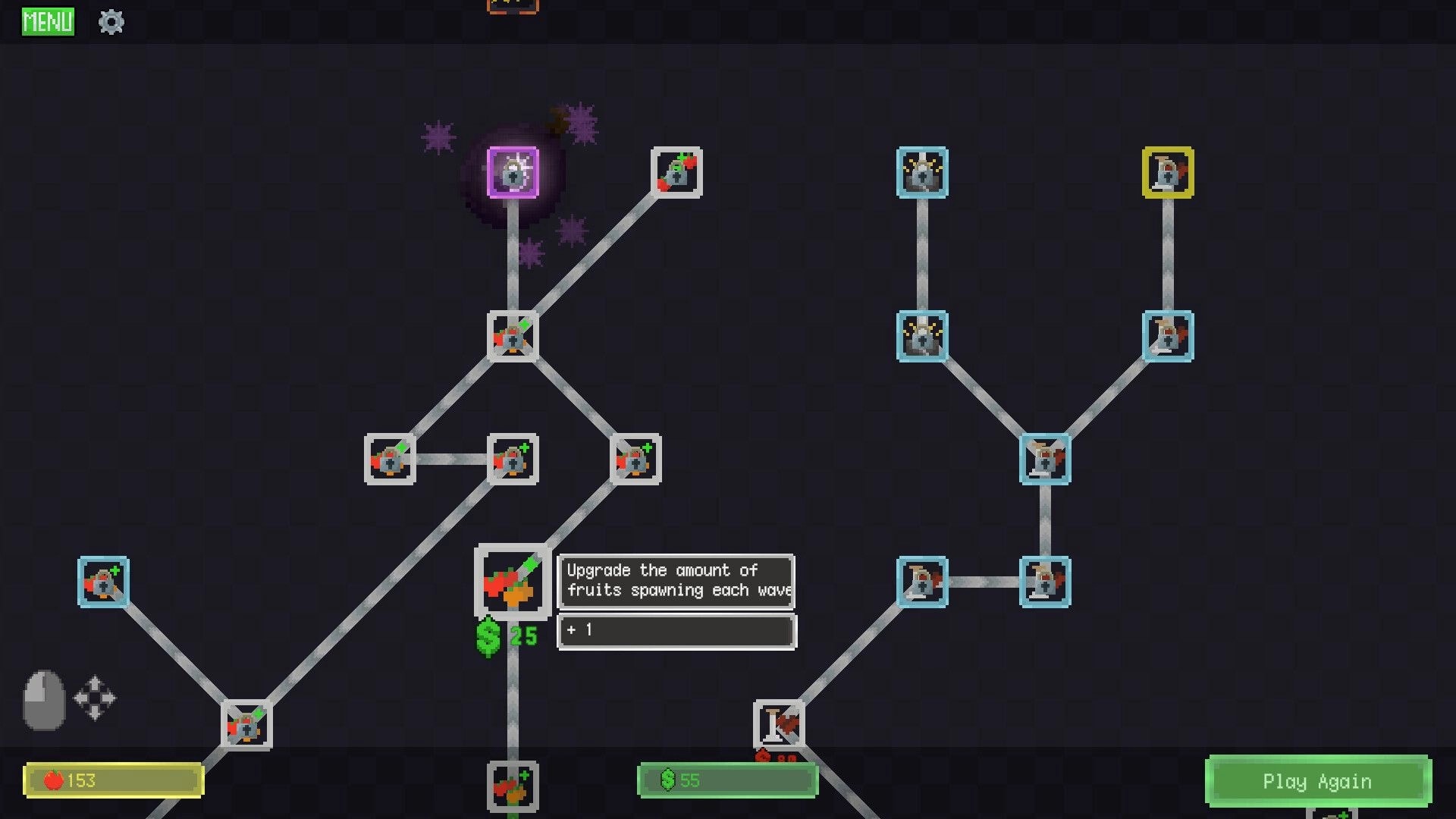 Snack Smasher: Upgrade tree with linked nodes and fruit spawn upgrade tooltip on dark grid background.