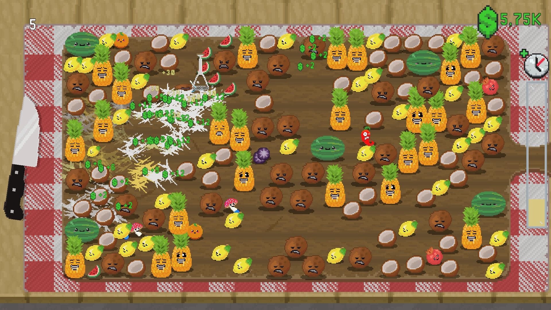 Snack Smasher: Fruit smashing on wooden board with knife UI, coins popups, and 5.75K score counter.