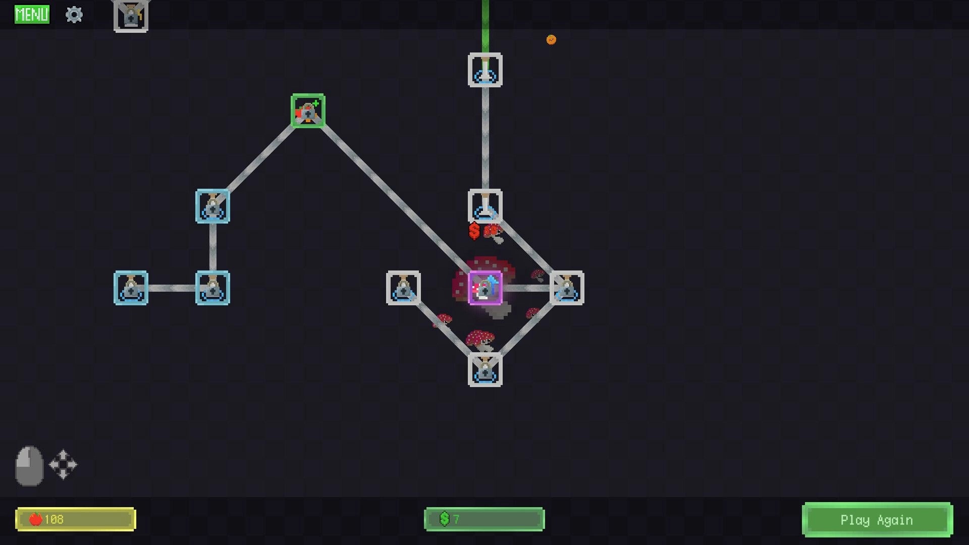 Snack Smasher: Upgrade path map with connected nodes and potion icons on a dark grid screen.