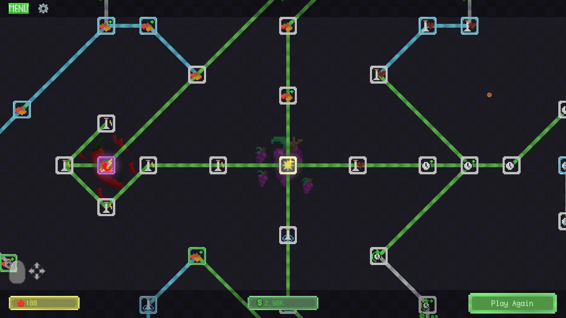 Snack Smasher: Upgrade skill tree with linked fruit icons and nodes on dark grid map screen.