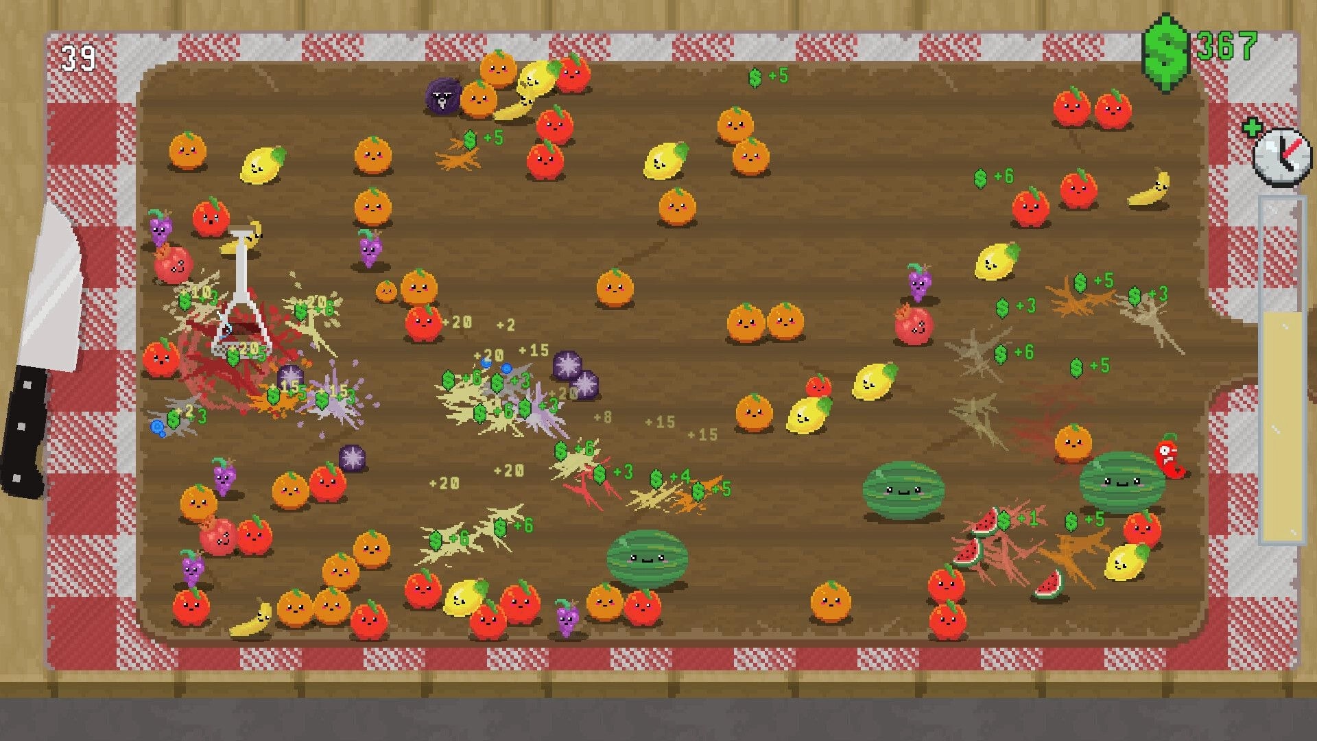 Snack Smasher: Knife smashing cute fruits on wooden board with cash popups and score UI counters.