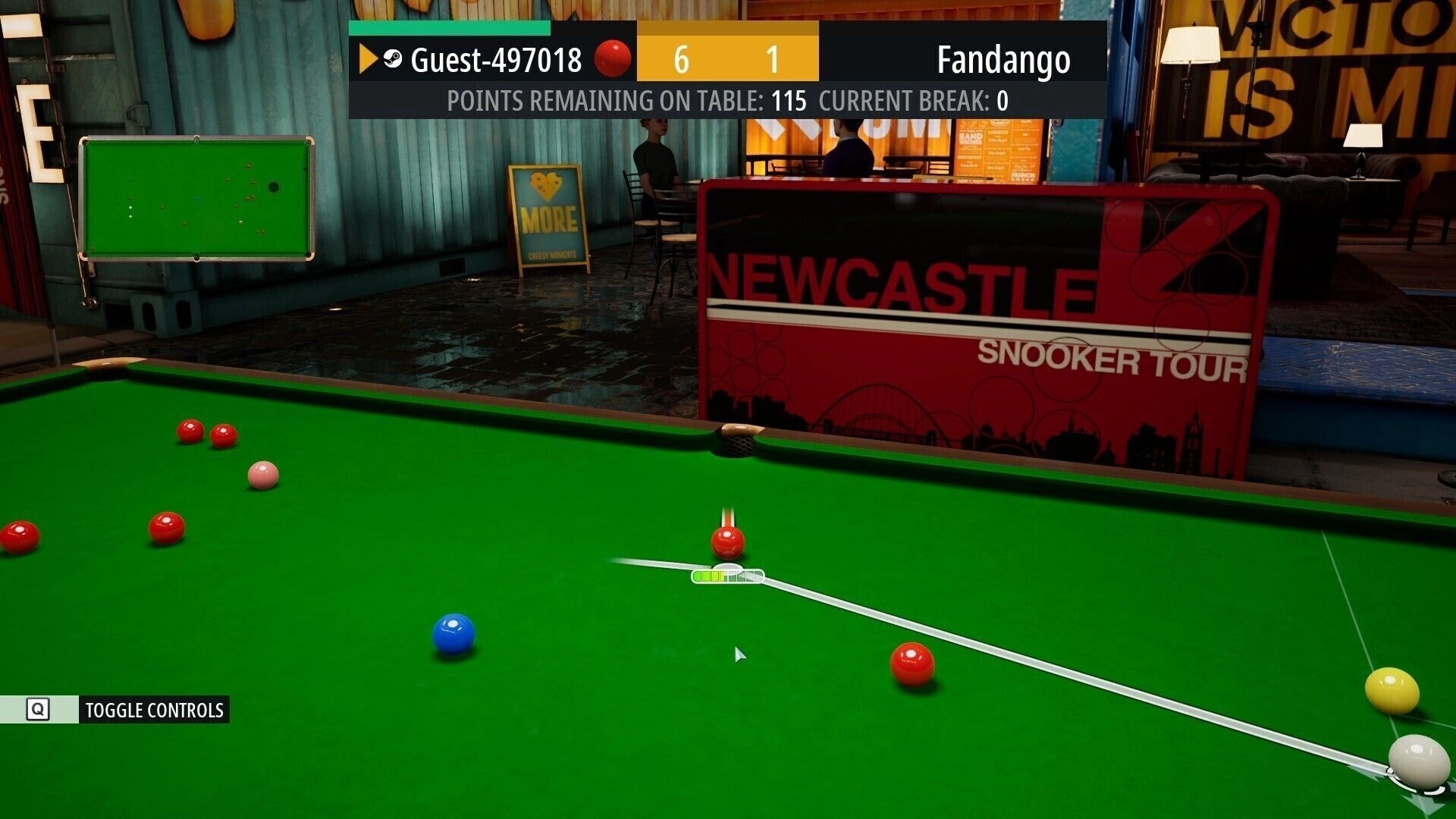 Snooker Blitz: Lined-up cue shot on green table with score HUD Guest-497018 vs Fandango in bar venue.