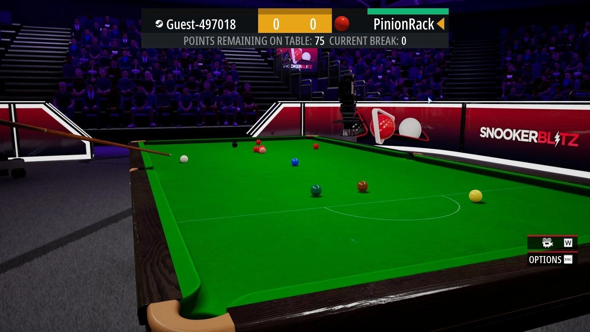 Snooker Blitz: Aim line over cue ball and scattered colors on green table in crowded arena match.