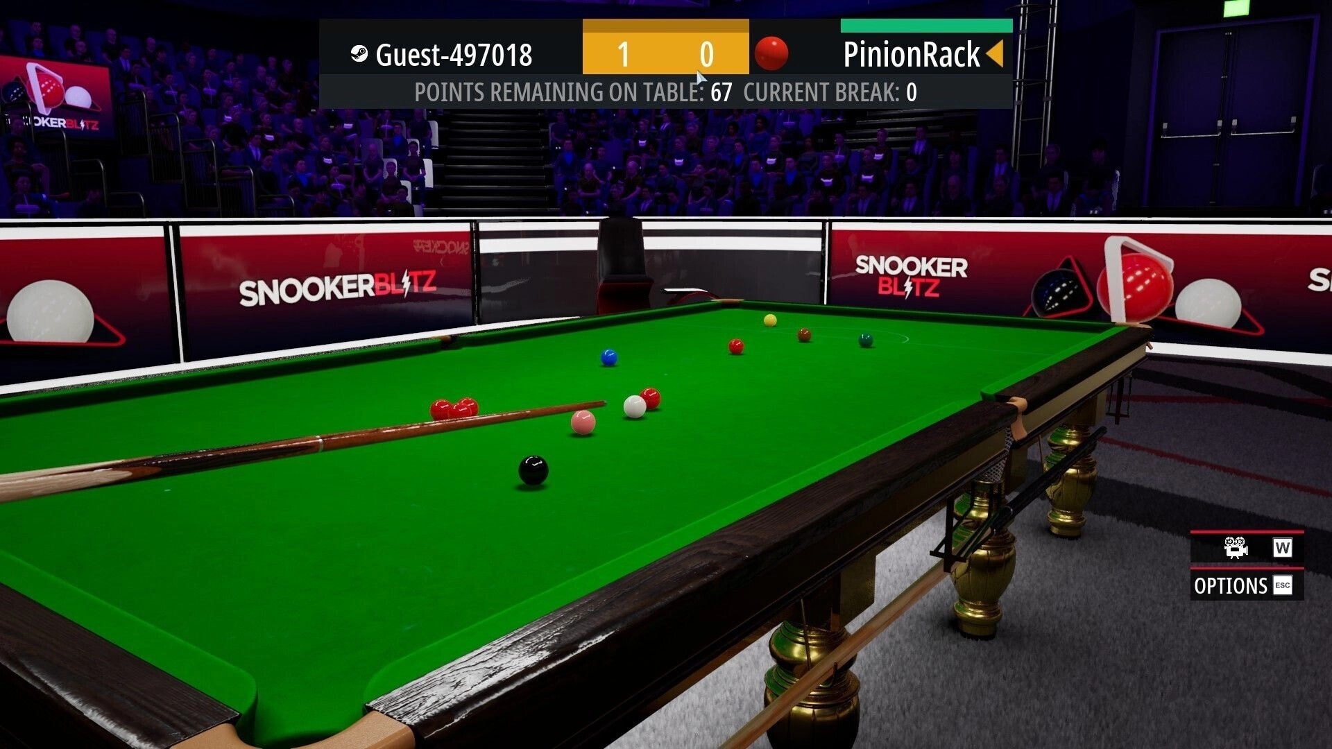 Snooker Blitz: Cue lined up for a shot on green table with score bar and crowd arena backdrop.