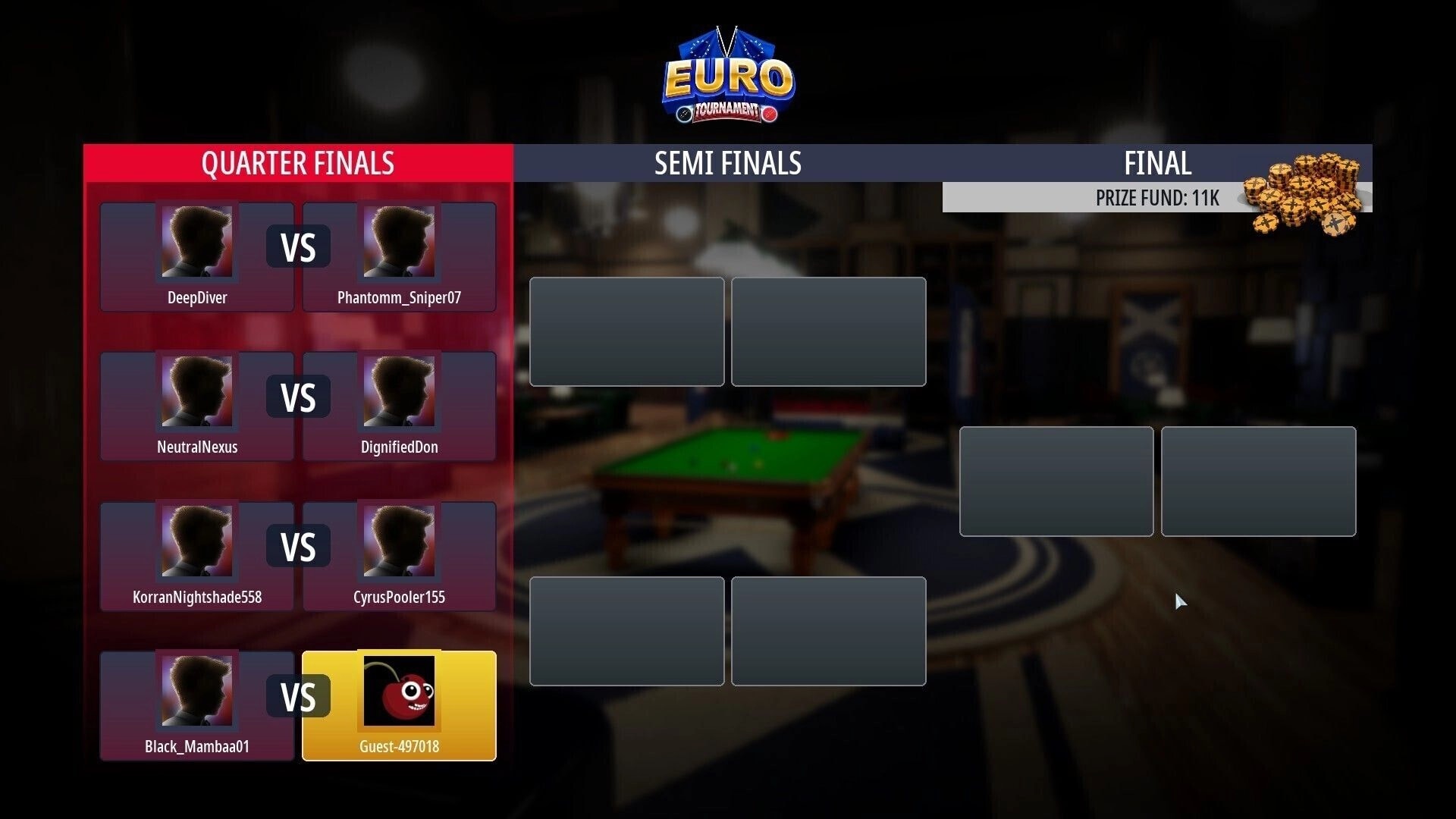 Snooker Blitz: Euro tournament bracket UI with quarter finals matchups over a blurred snooker hall backdrop.
