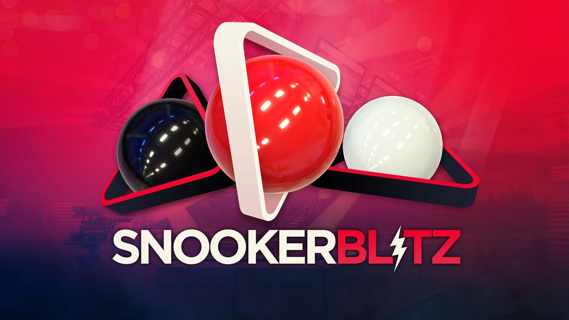 Snooker Blitz: Game logo with red, white, and black balls in triangle rings on pink backdrop.