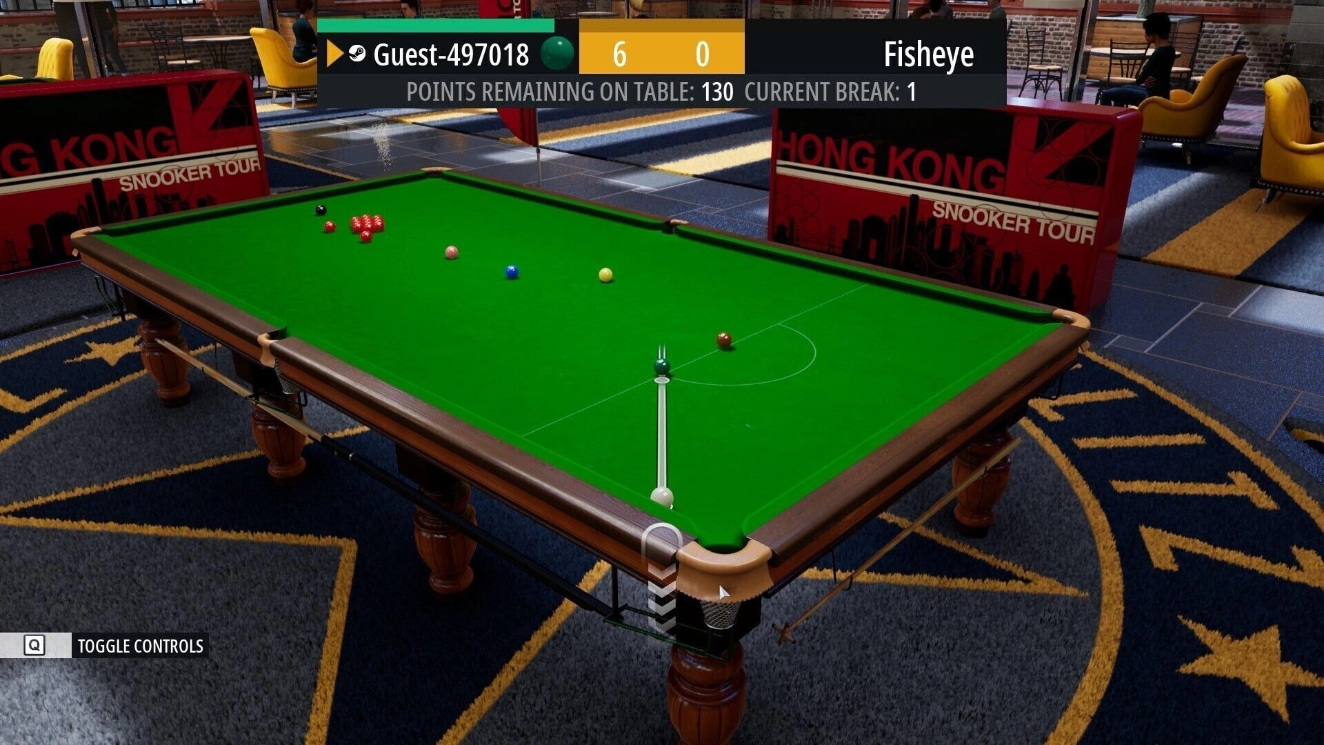 Snooker Blitz: Aiming cue at white ball with score HUD in Hong Kong Snooker Tour arena lounge.