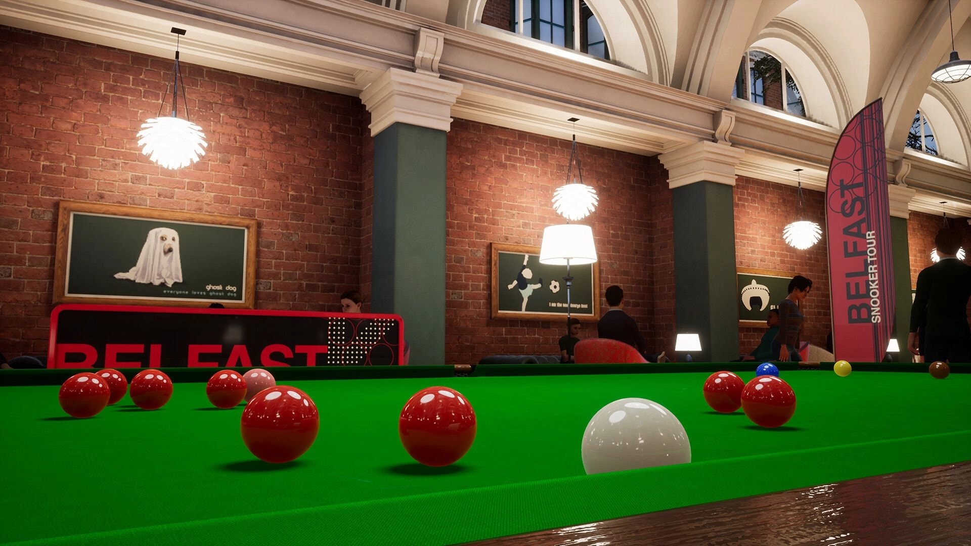 Snooker Blitz: Close-up of cue ball and scattered reds on a green table in a brick lounge venue.