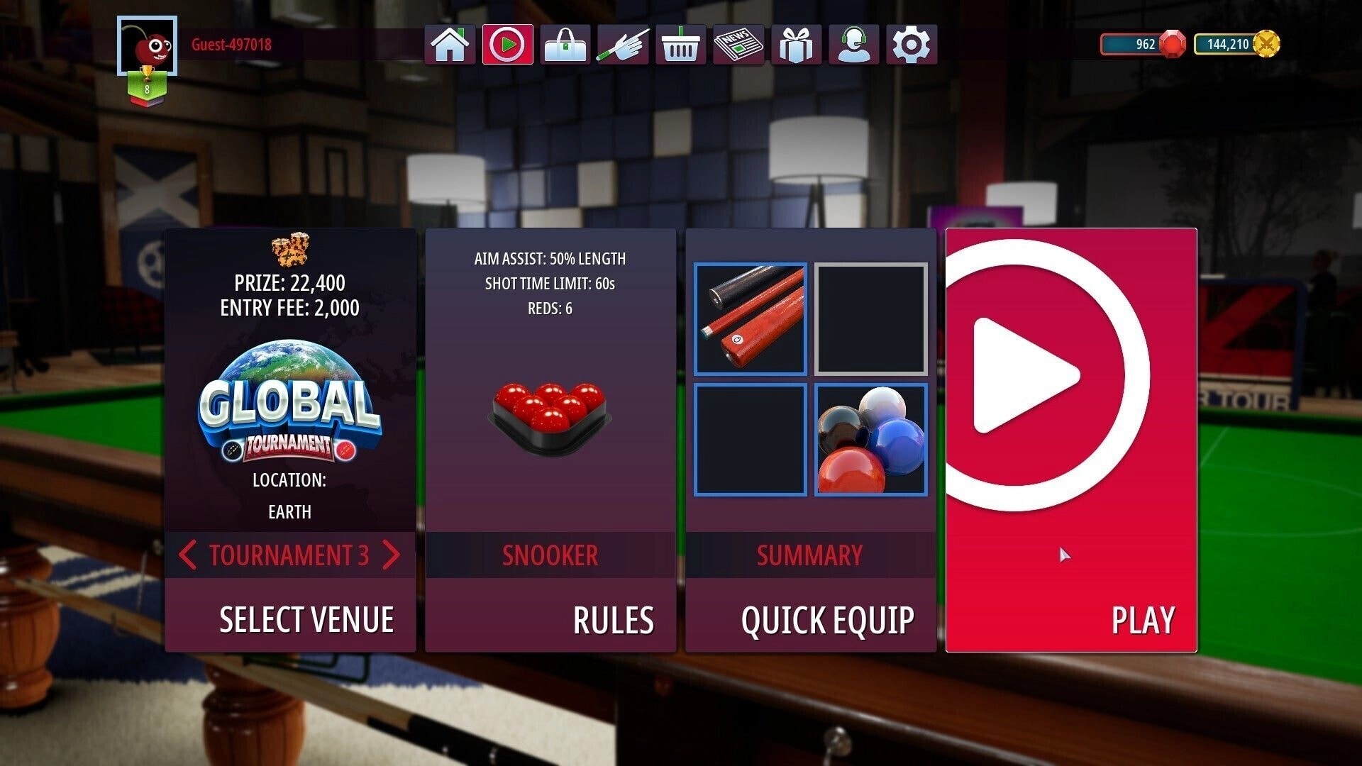 Snooker Blitz: Global Tournament venue selection with rules, quick equip, and large Play button UI.