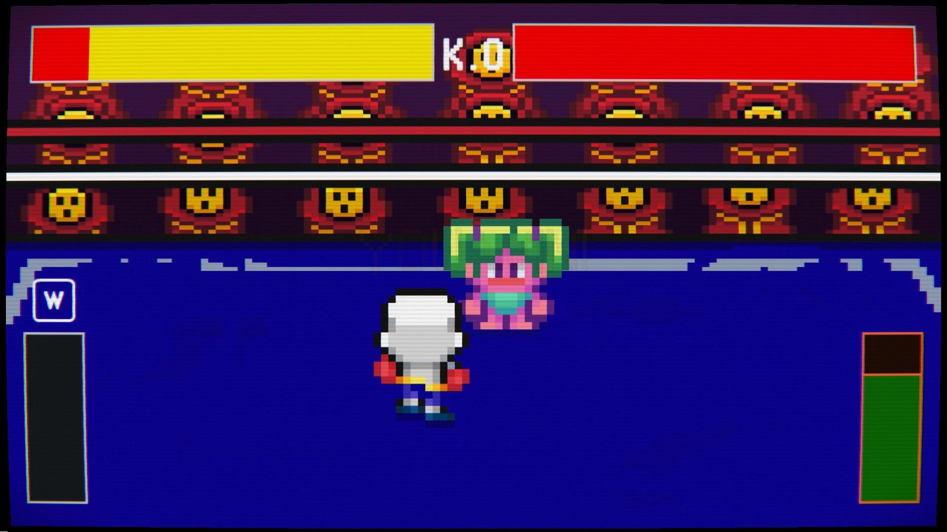 Something Meaningful: Player faces green-haired NPC beside blue water with health bars and minimap UI.