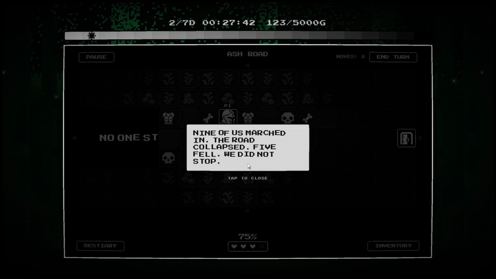 Sorry, My King: Player reads a story pop-up on Ash Road grid map with move counter and gold total UI.