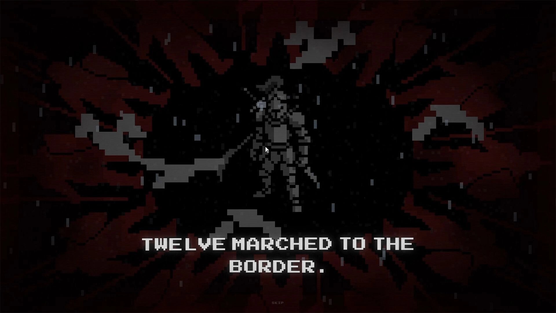Sorry, My King: Story cutscene with armored figure and text "TWELVE MARCHED TO THE BORDER." in rain.