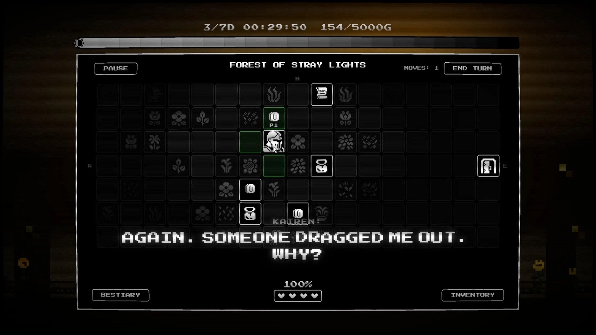 Sorry, My King: Player token on grid map with pause/end turn UI in Forest of Stray Lights area.