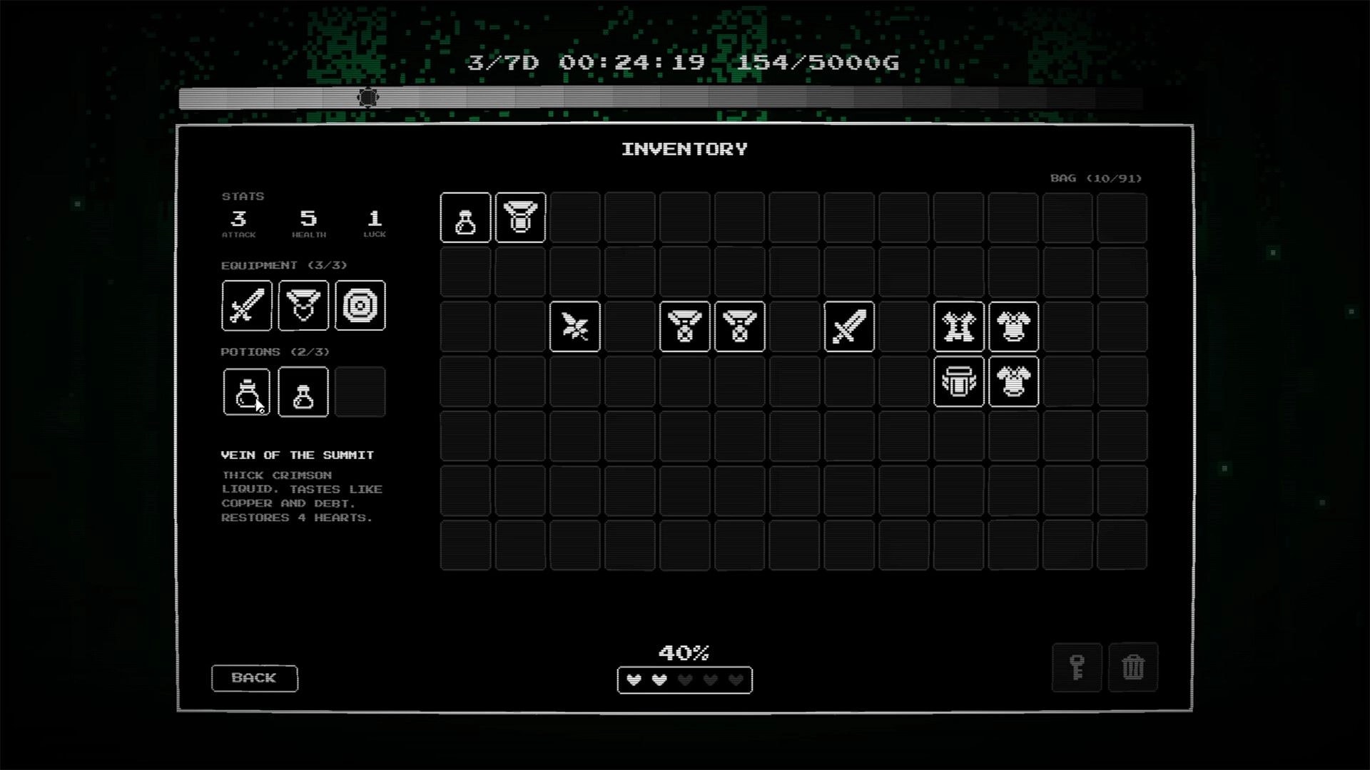 Sorry, My King: Inventory grid with sword, armor and potions, stats panel over dark pixel map background.